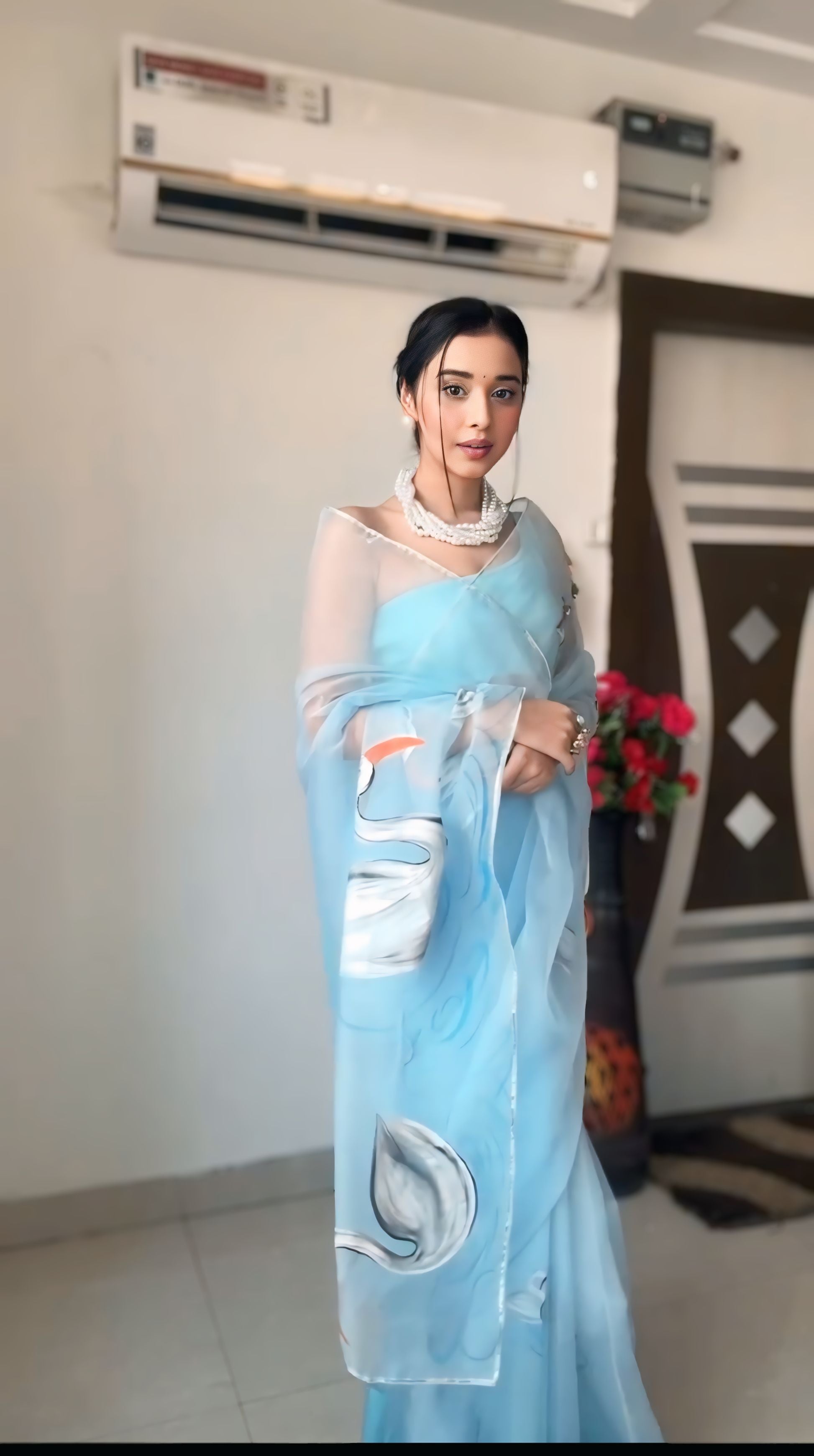 CLOVIRA Ice Blue Pure Organza Ready-to-Wear Saree