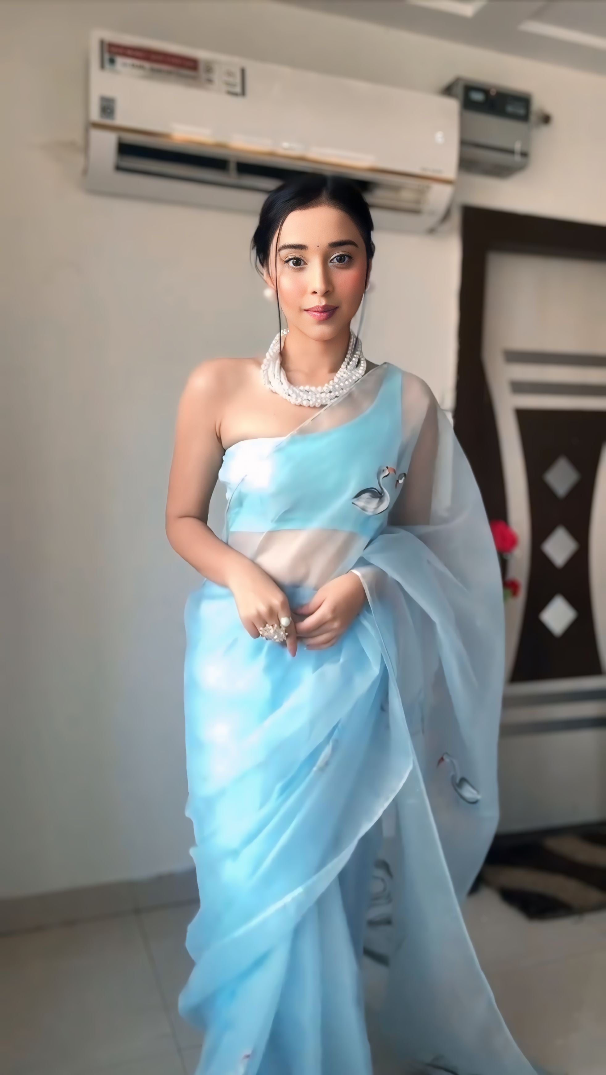 CLOVIRA Ice Blue Pure Organza Ready-to-Wear Saree