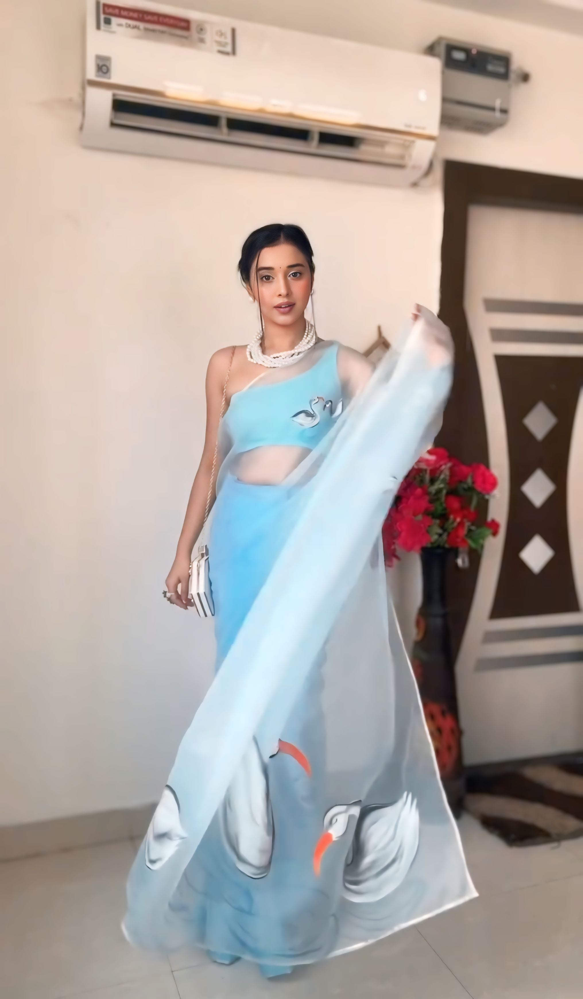 CLOVIRA Ice Blue Pure Organza Ready-to-Wear Saree