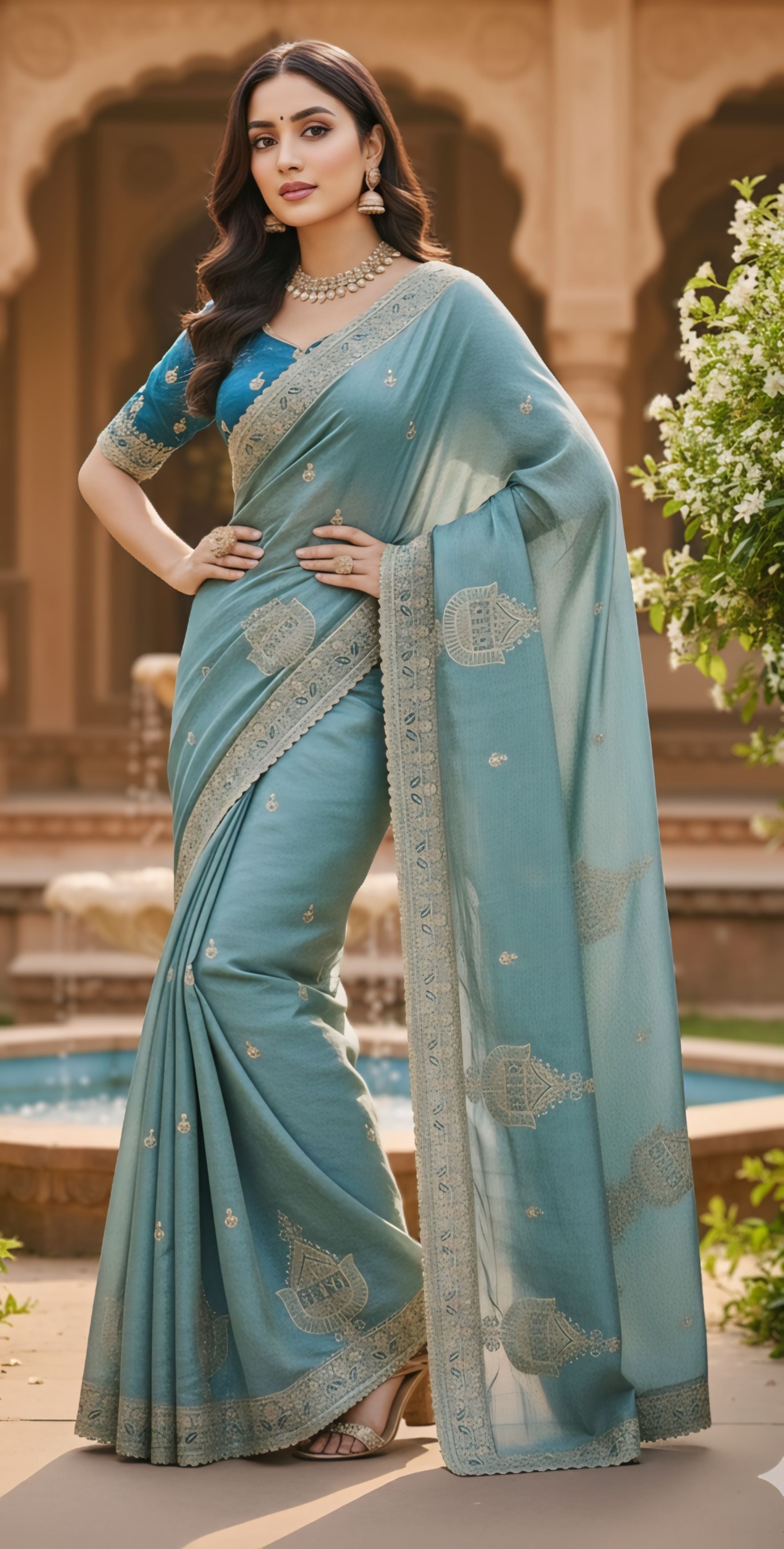 Designer Party Wear Fendy Chiffon Silk Saree with Multi & Sequence Embroidery and Stitched Blouse