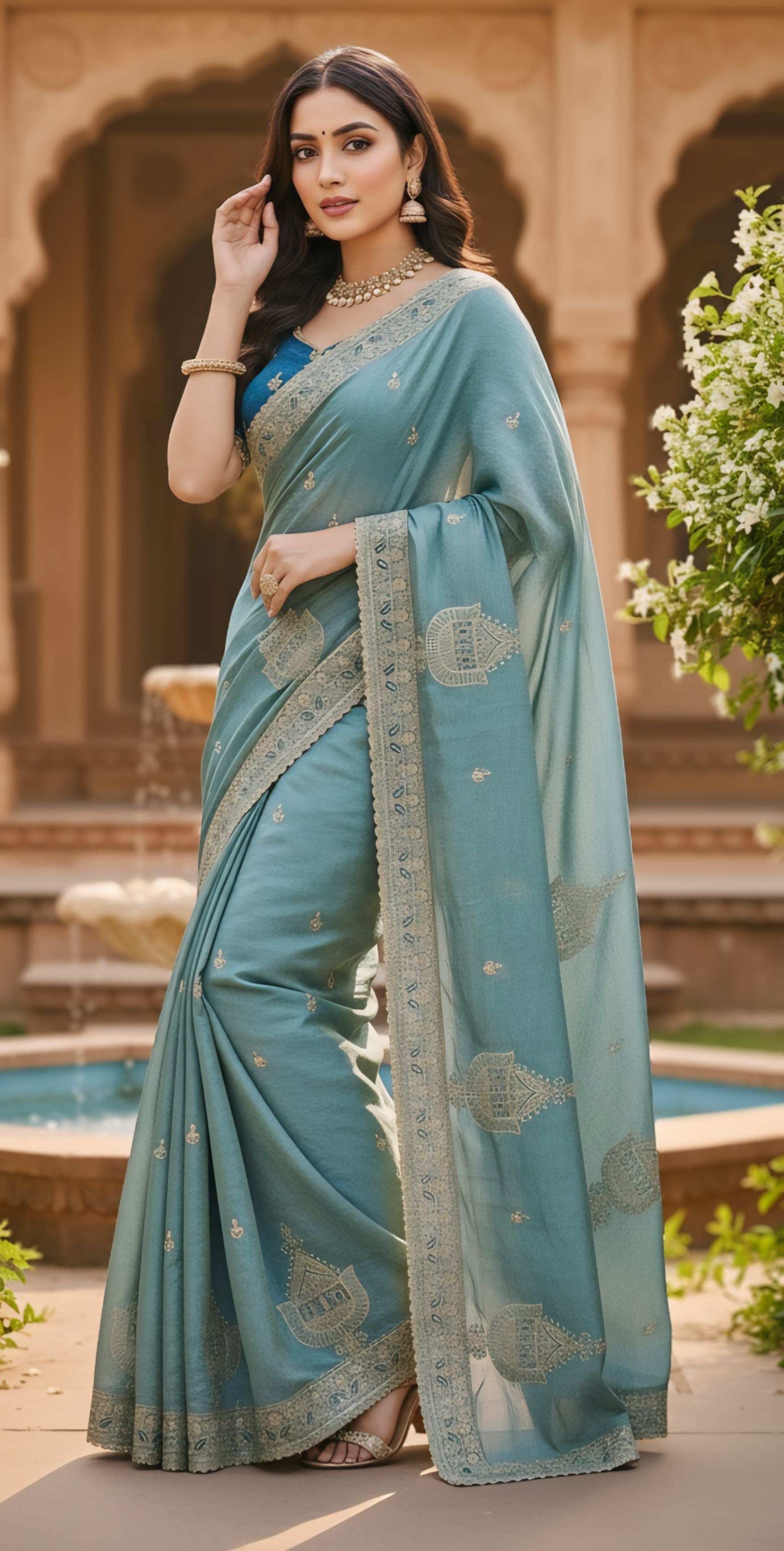 Designer Party Wear Fendy Chiffon Silk Saree with Multi & Sequence Embroidery and Stitched Blouse