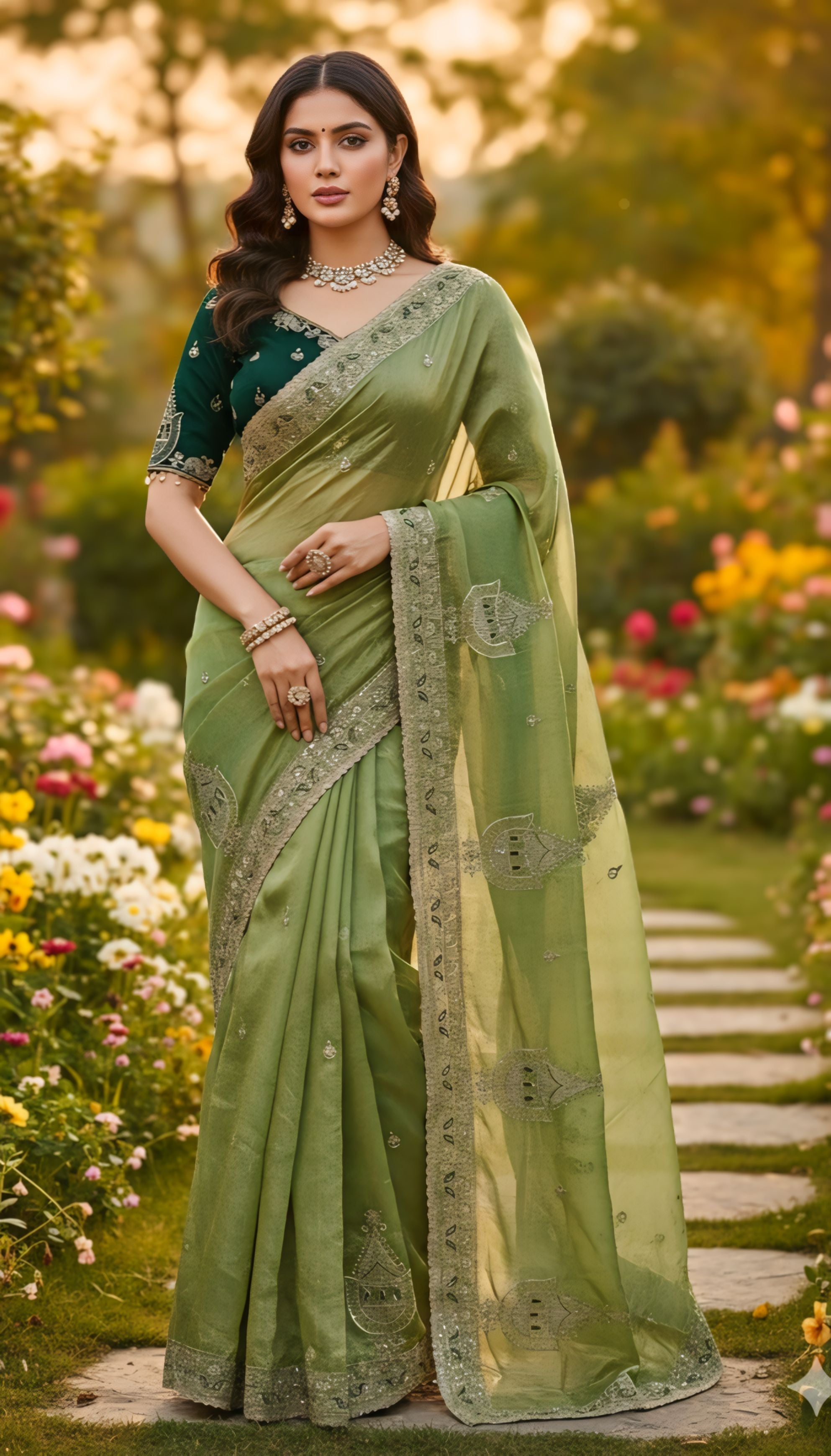 Designer Party Wear Fendy Chiffon Silk Saree with Multi & Sequence Embroidery and Stitched Blouse