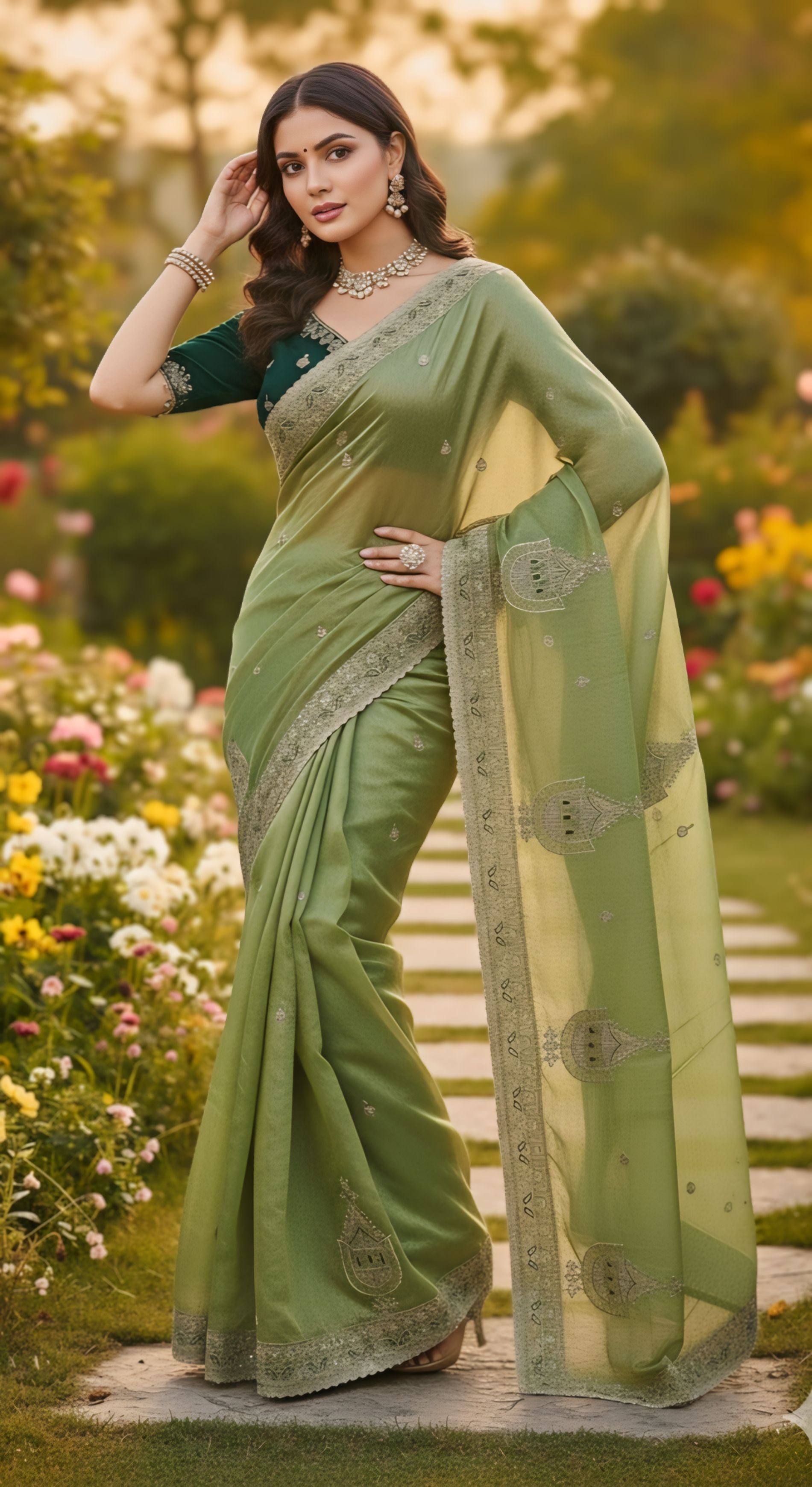 Designer Party Wear Fendy Chiffon Silk Saree with Multi & Sequence Embroidery and Stitched Blouse