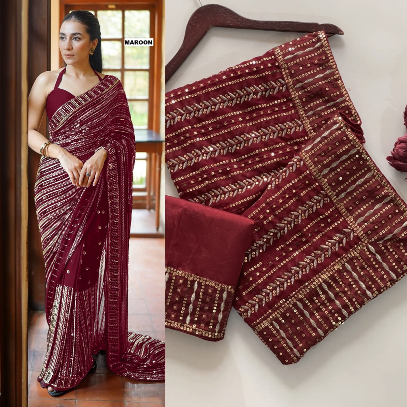 CLOVIRA Heavy Faux Georgette Saree with Sequins & Embroidery Work
