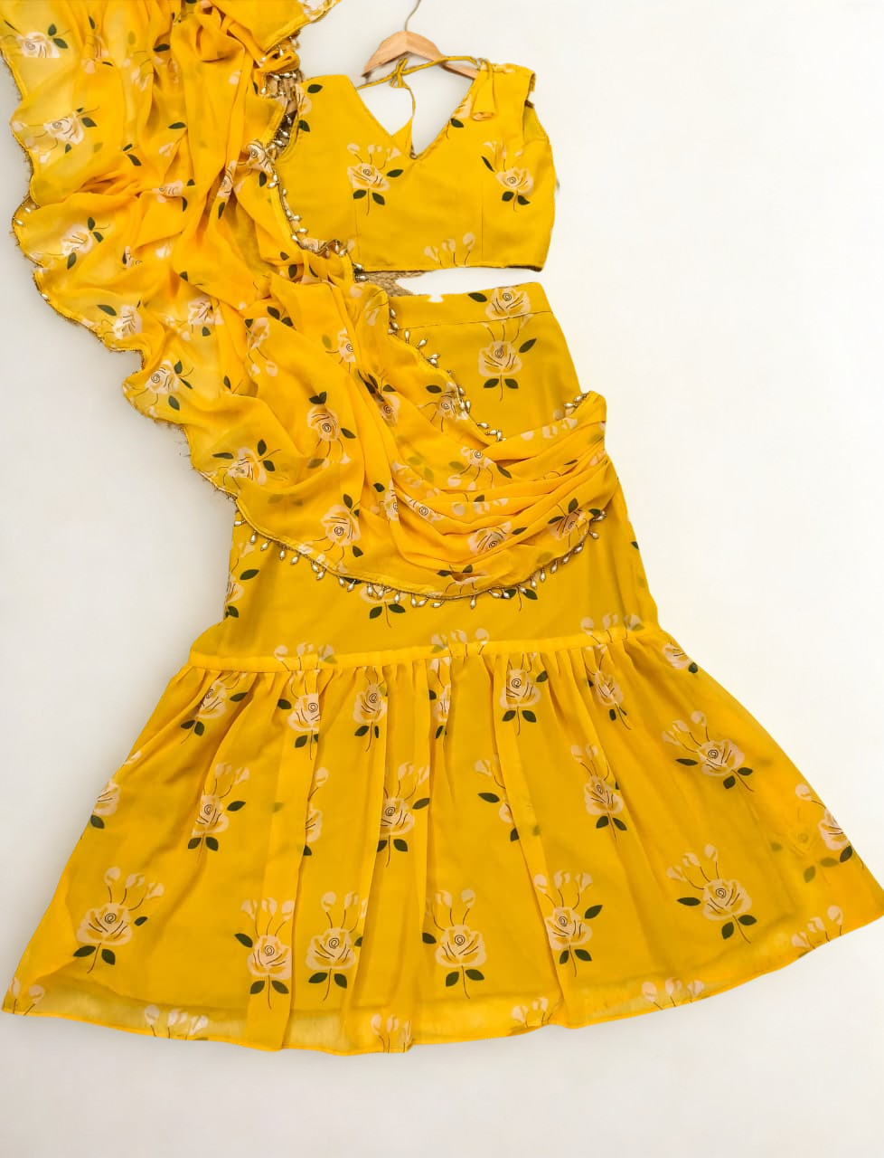 Modern Lehenga Saree in Soft Georgette with Digital Print & Stitched Blouse