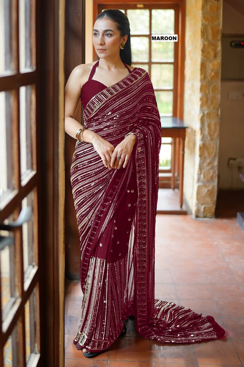 CLOVIRA Heavy Faux Georgette Saree with Sequins & Embroidery Work