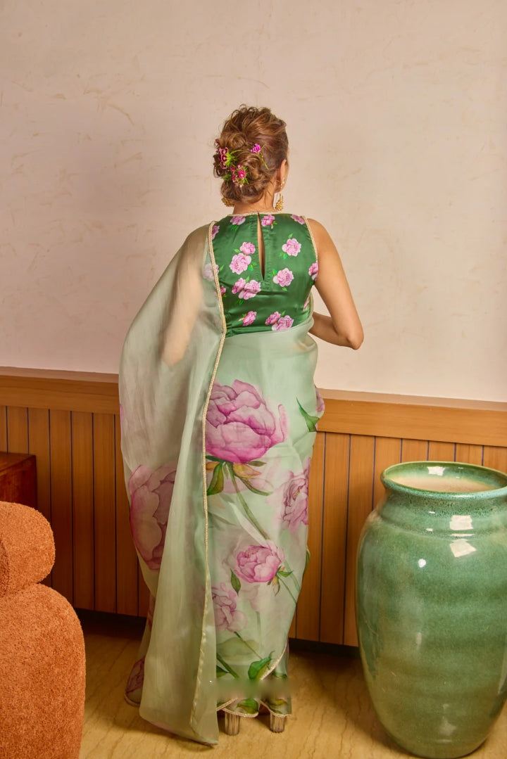 CLOVIRA Tabby Organza Ready-to-Wear Saree with Stitched Blouse | Elegant Designer Party Wear Collection