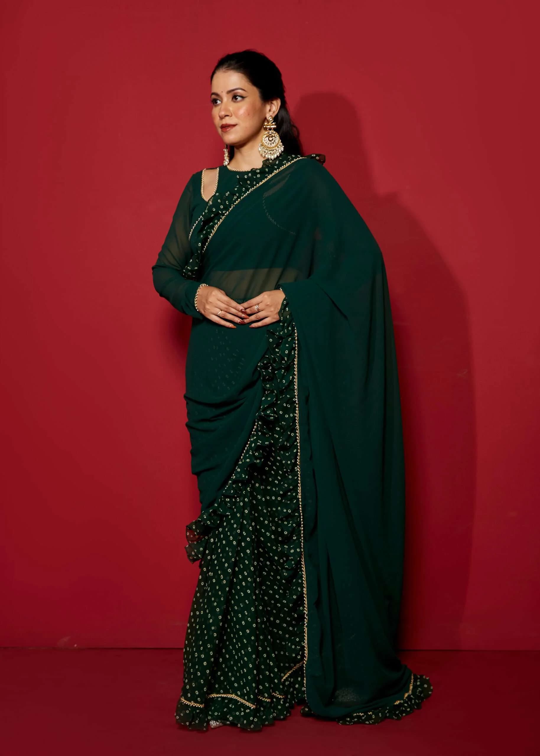 Opal Green Pre-Draped Frilled Saree with Pearl Lace & Digital Print
