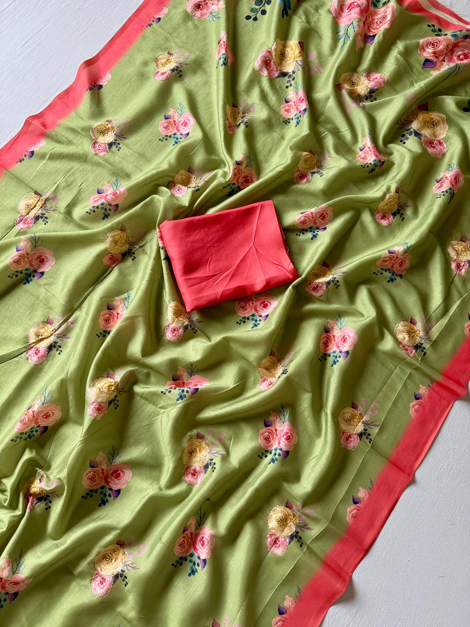 Soft Tusser Silk Saree with 3D Floral Digital Print & Aari Work