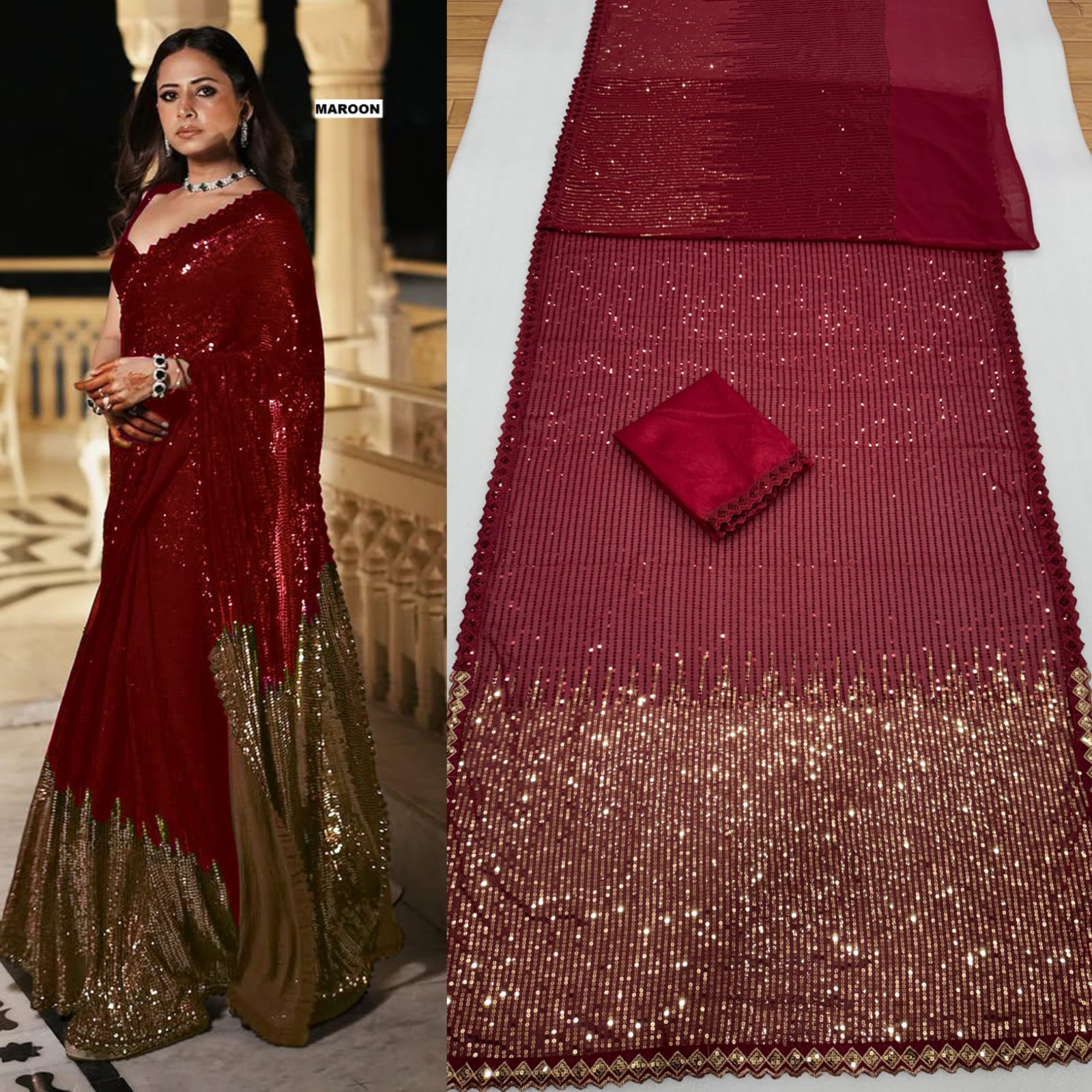 CLOVIRA Heavy Georgette Saree with Dual Sequins Embroidery Work