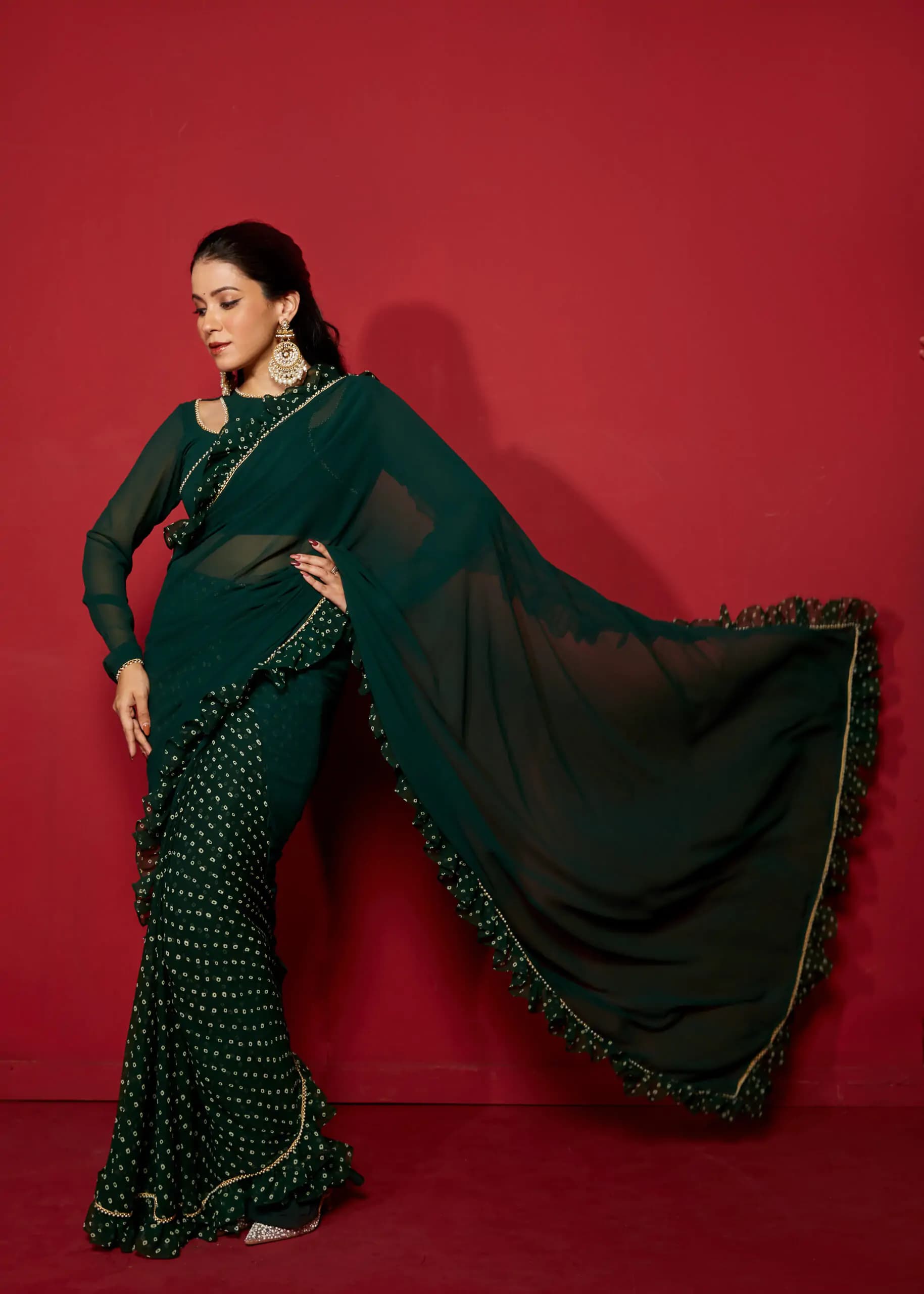Opal Green Pre-Draped Frilled Saree with Pearl Lace & Digital Print