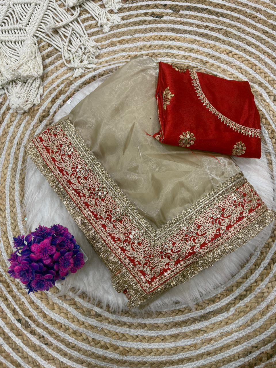 Experience timeless elegance with Designer Traditional Beige Tweel Net Silk Party Wear Saree