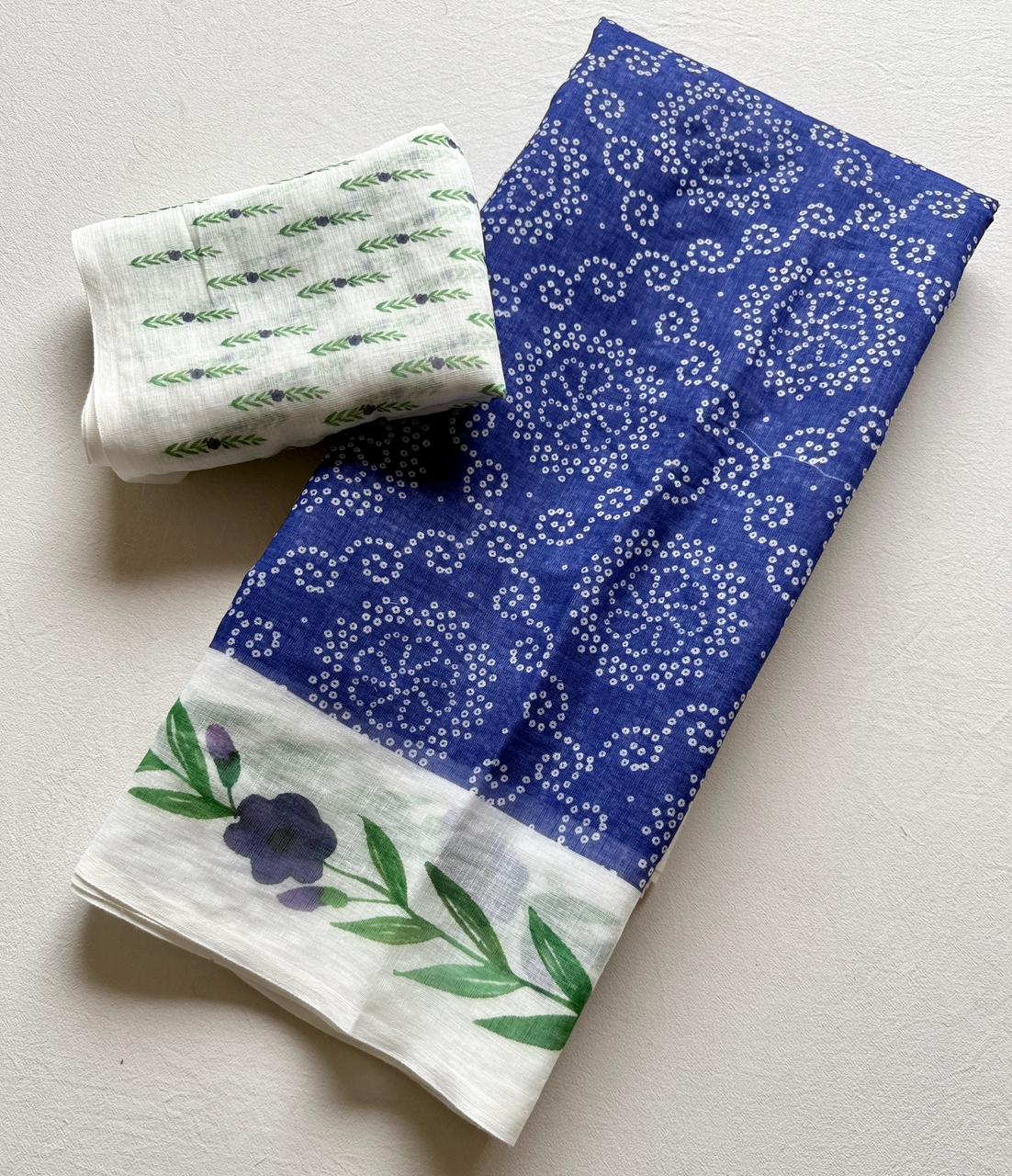 Soft Linen Saree with 3D Bandhej Digital Print & Running Blouse