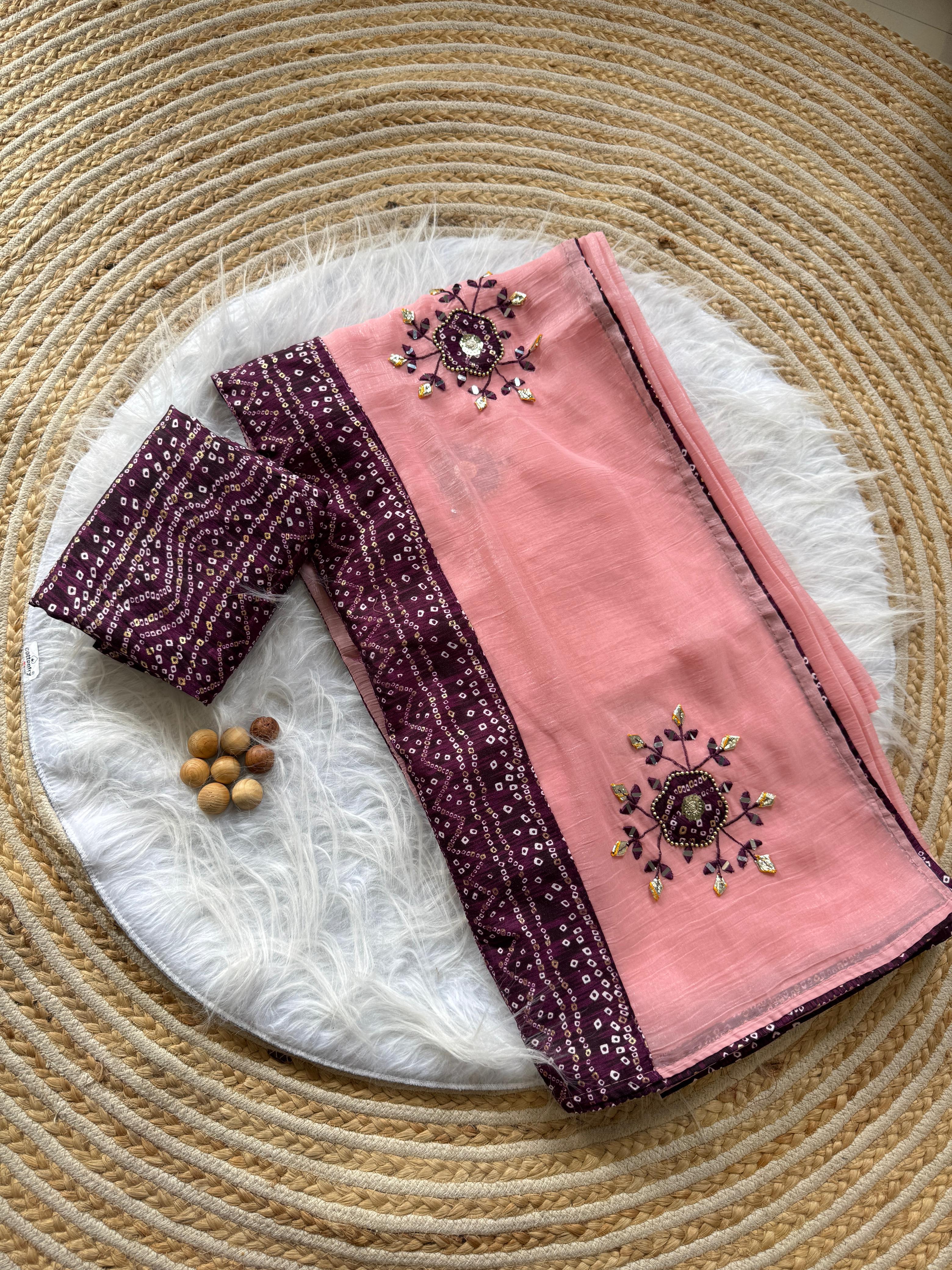 CLOVIRA Soft Crunchy Chiffon Saree with Mirror & Thread Embroidery