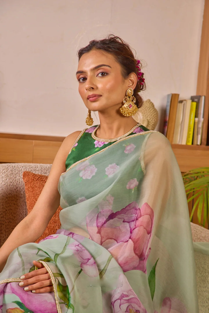 CLOVIRA Tabby Organza Ready-to-Wear Saree with Stitched Blouse | Elegant Designer Party Wear Collection