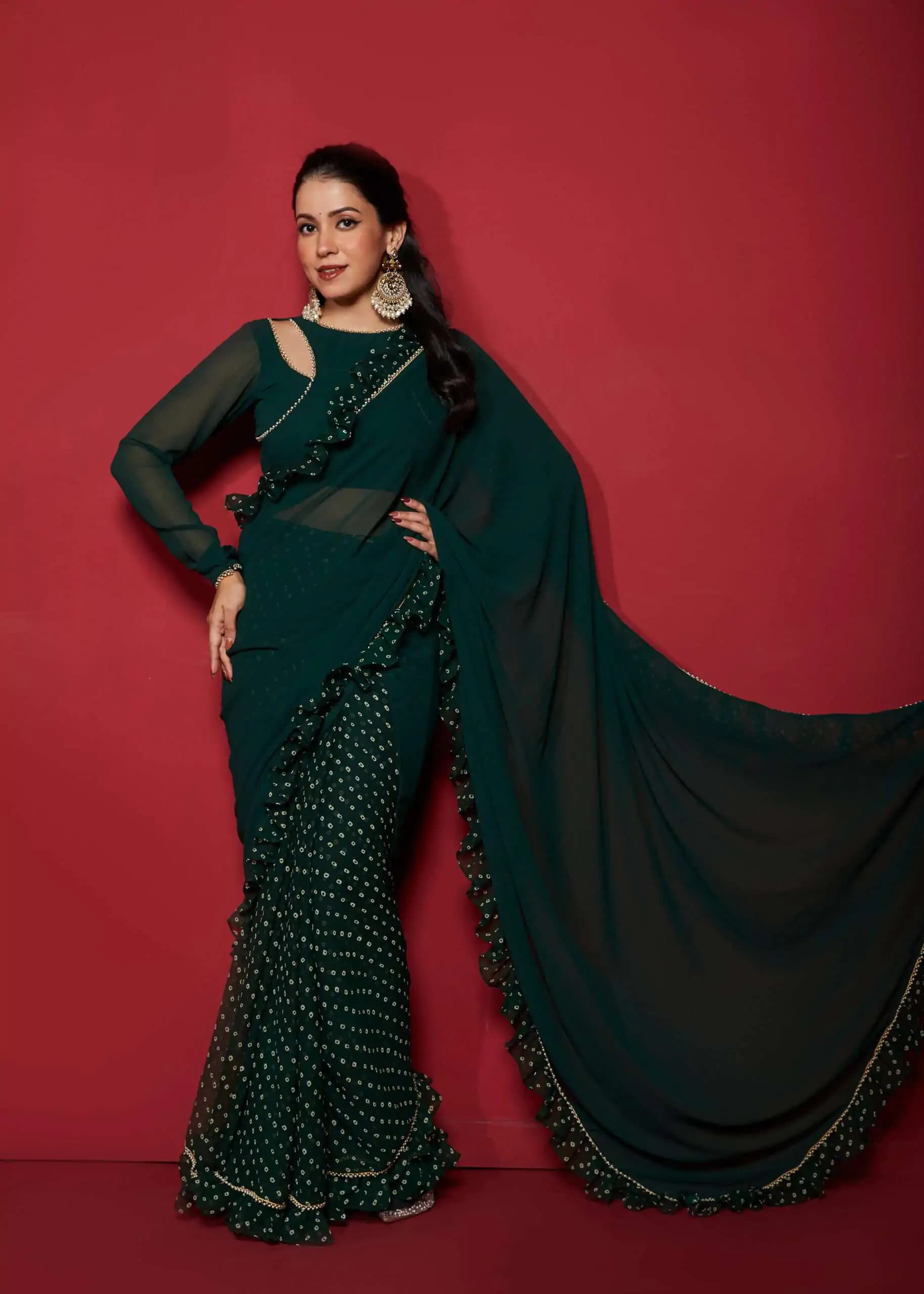 Opal Green Pre-Draped Frilled Saree with Pearl Lace & Digital Print
