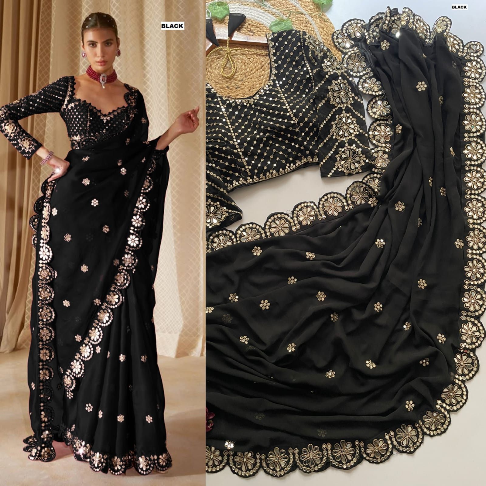 Heavy Faux Georgette Saree with 5mm Sequins & Original Mirror Handwork