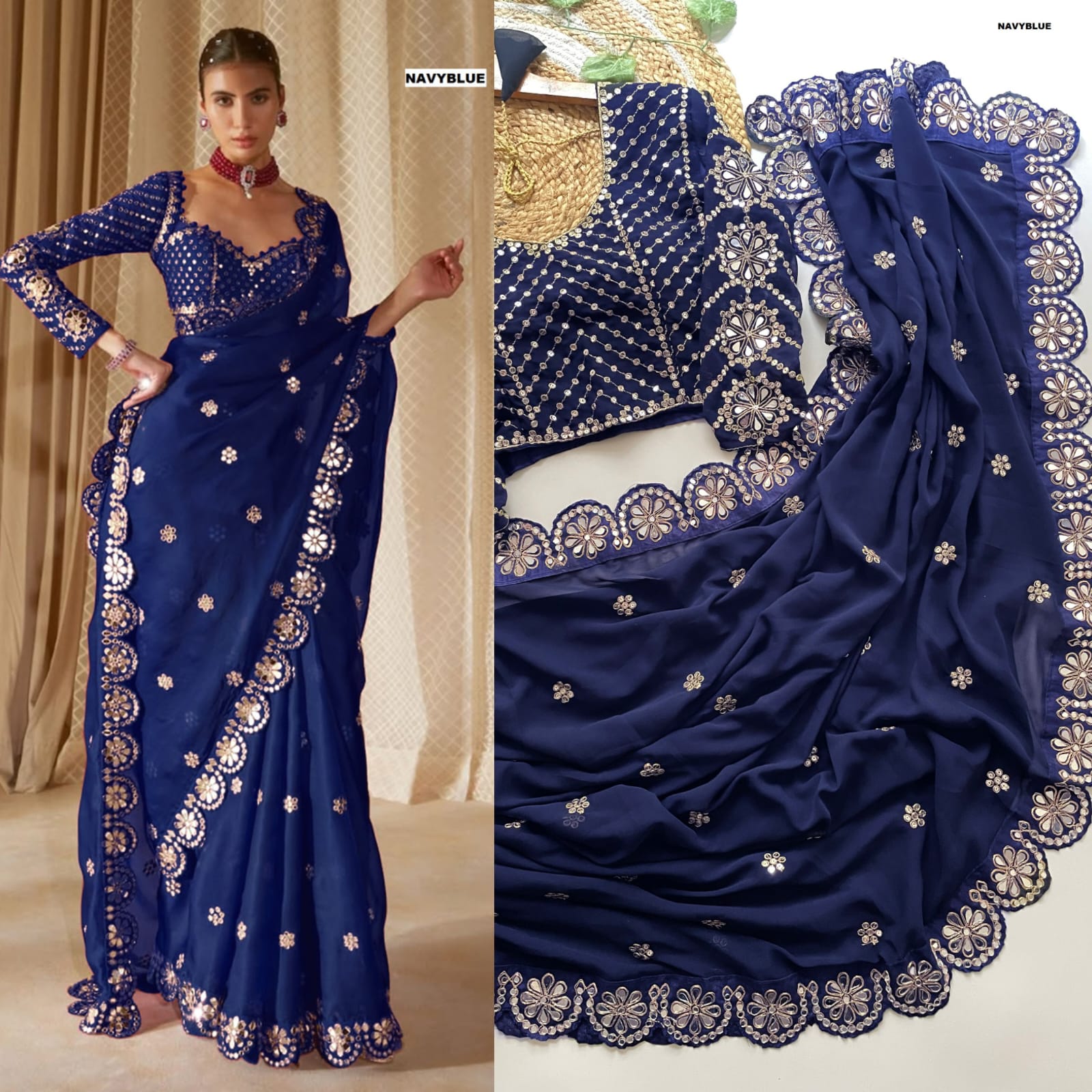 Heavy Faux Georgette Saree with 5mm Sequins & Original Mirror Handwork