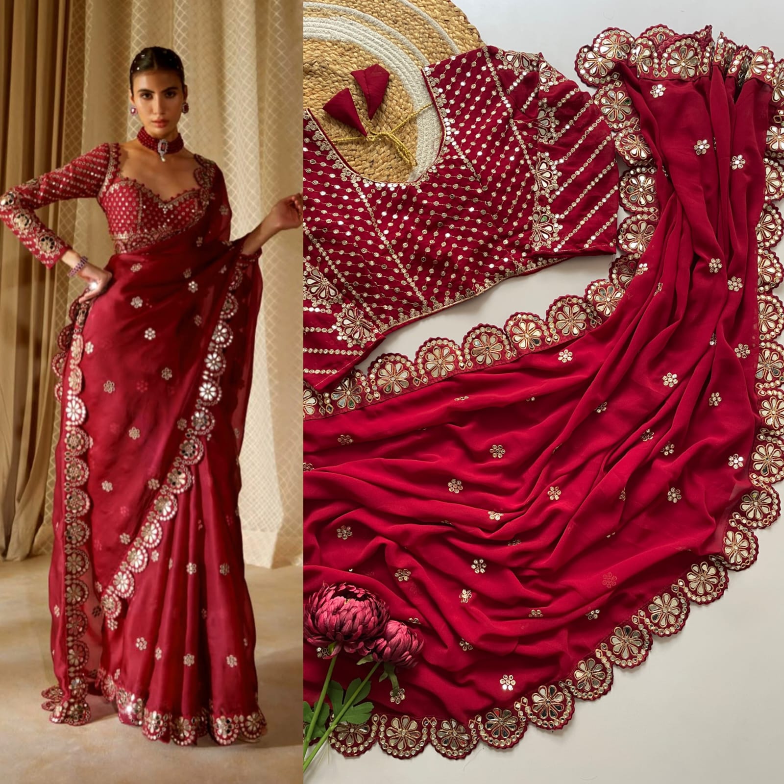 Heavy Faux Georgette Saree with 5mm Sequins & Original Mirror Handwork