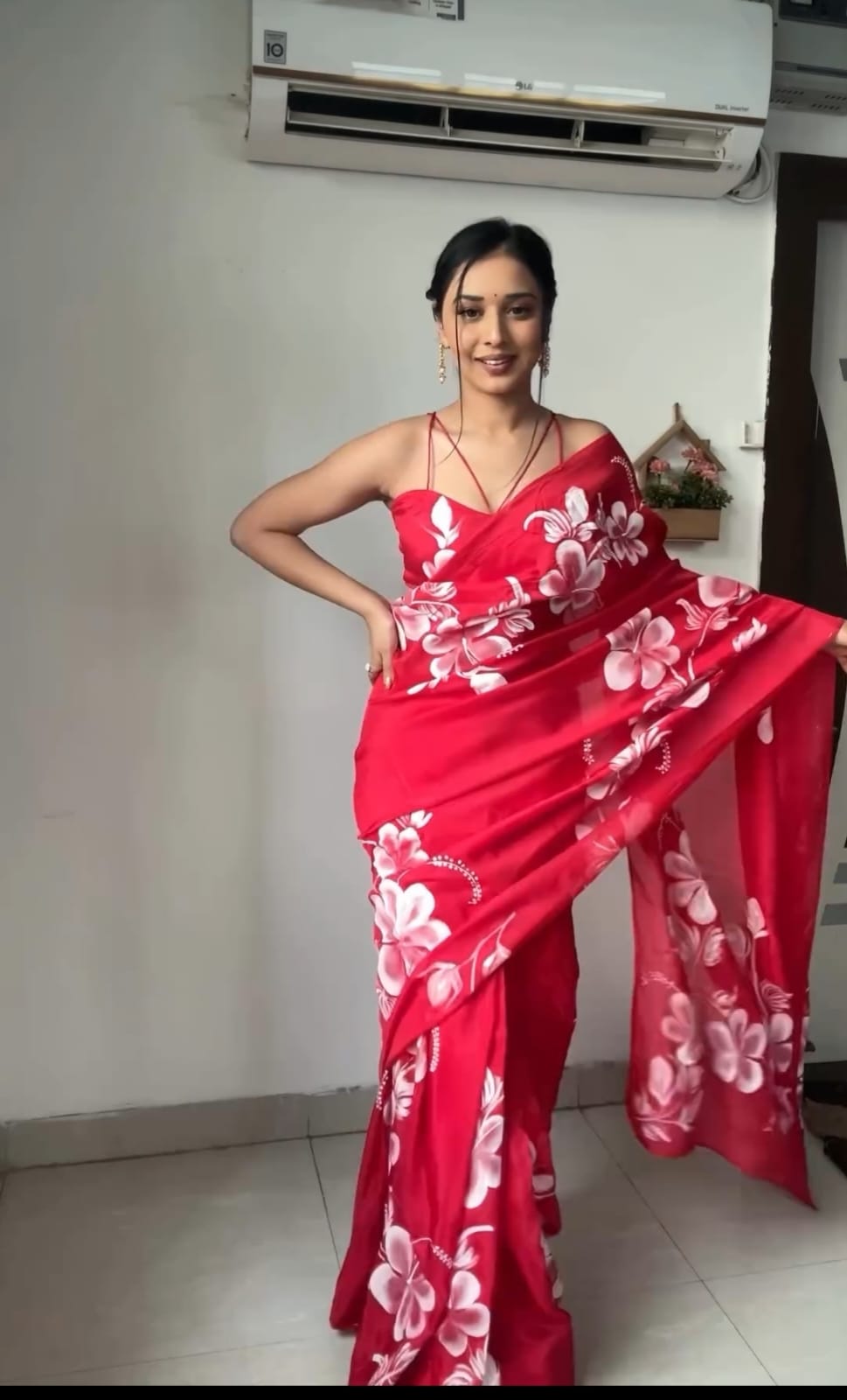 1-Minute Ready-To-Wear Red Georgette Saree | Printed Design with Blouse Piece