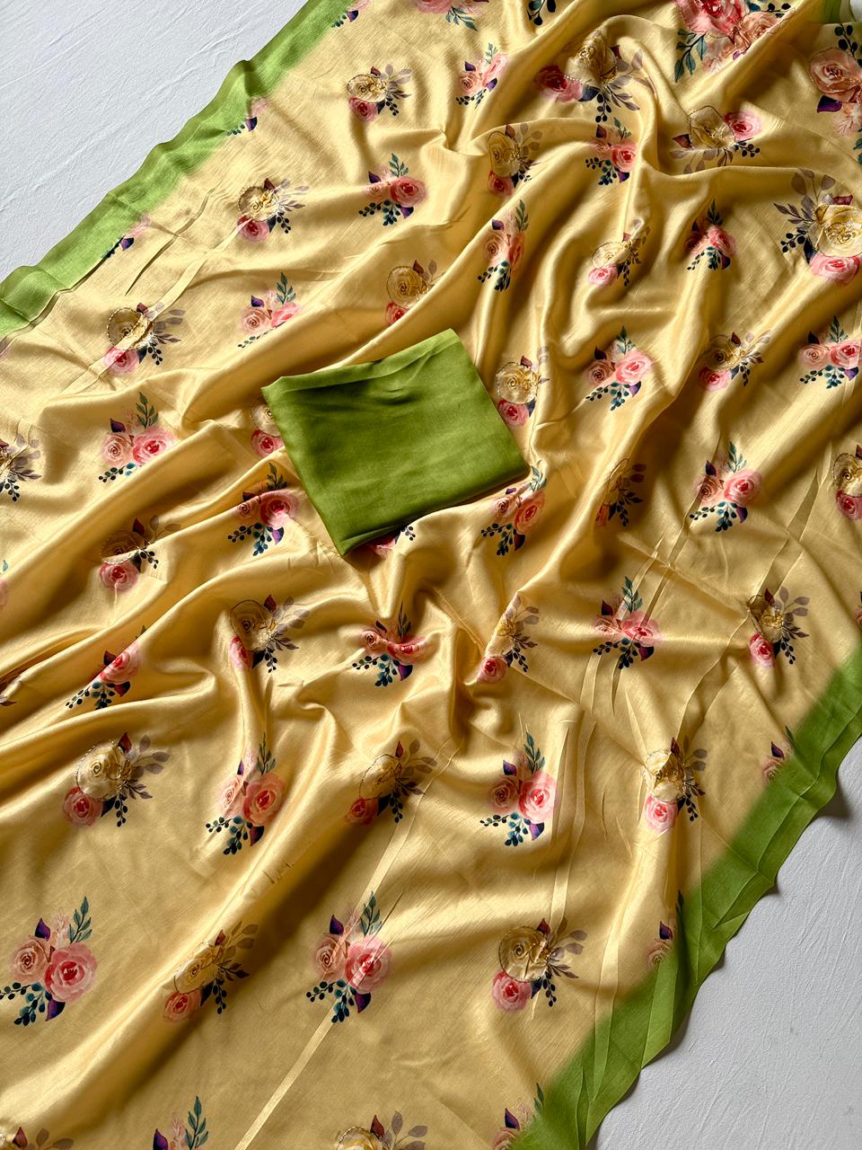 Soft Tusser Silk Saree with 3D Floral Digital Print & Aari Work