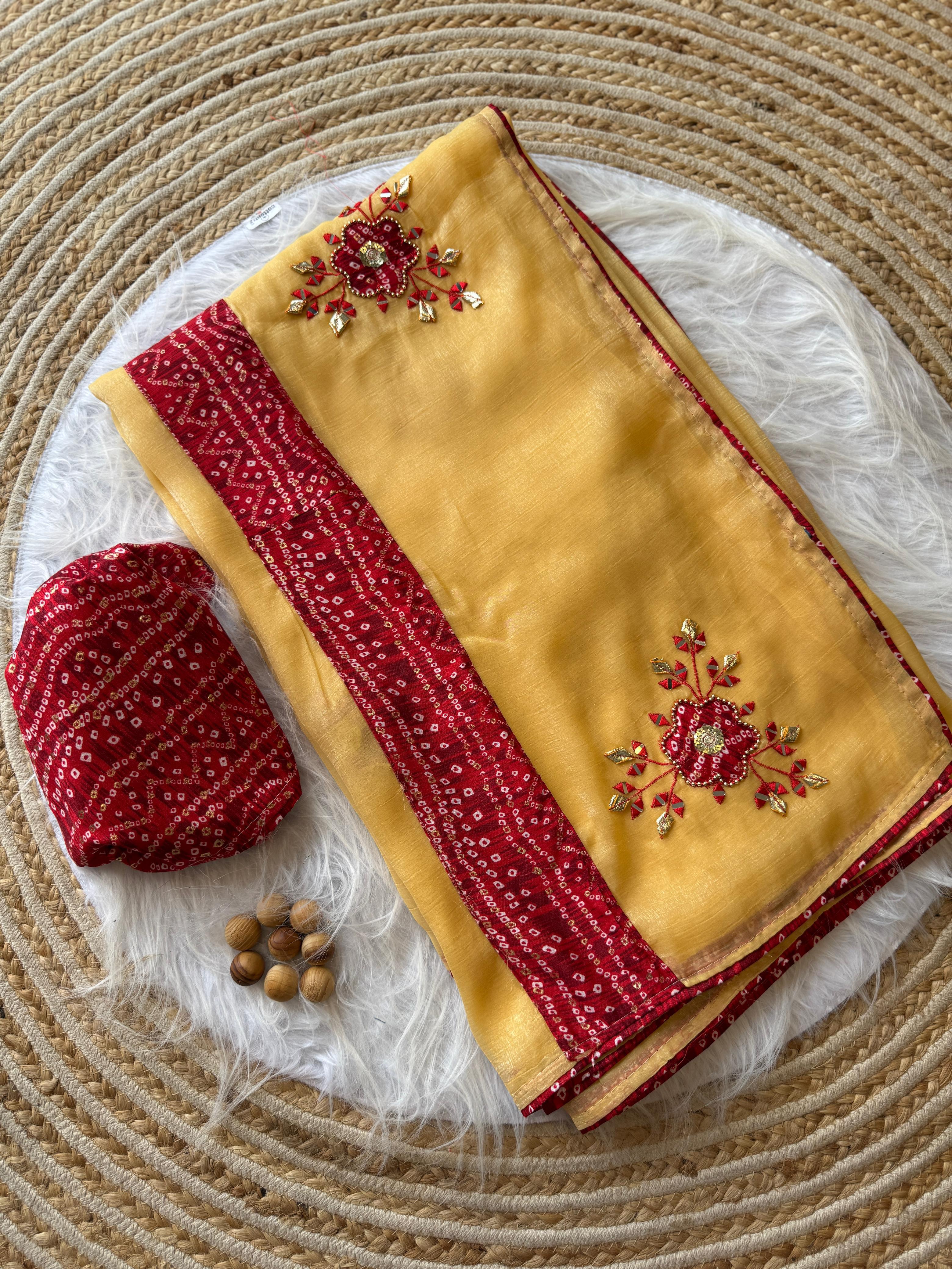 CLOVIRA Soft Crunchy Chiffon Saree with Mirror & Thread Embroidery