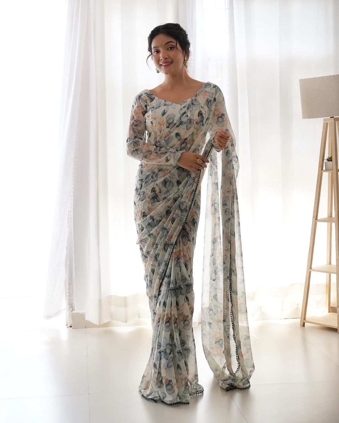 Effortless 1-Minute Ready-To-Wear White Georgette Saree | Printed Design with Blouse Piece