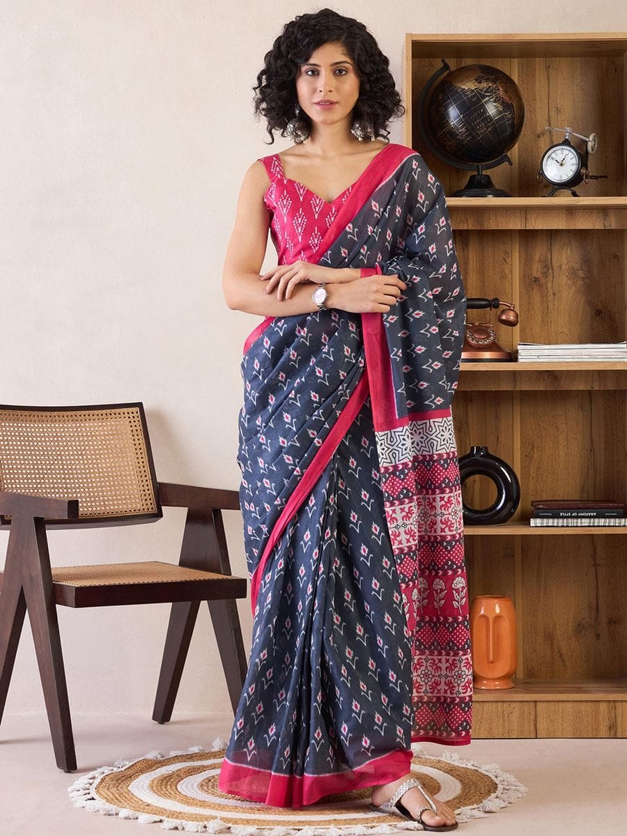CLOVIRA Pure Soft Mul Cotton Silk Ready-to-Wear Saree with Pocket