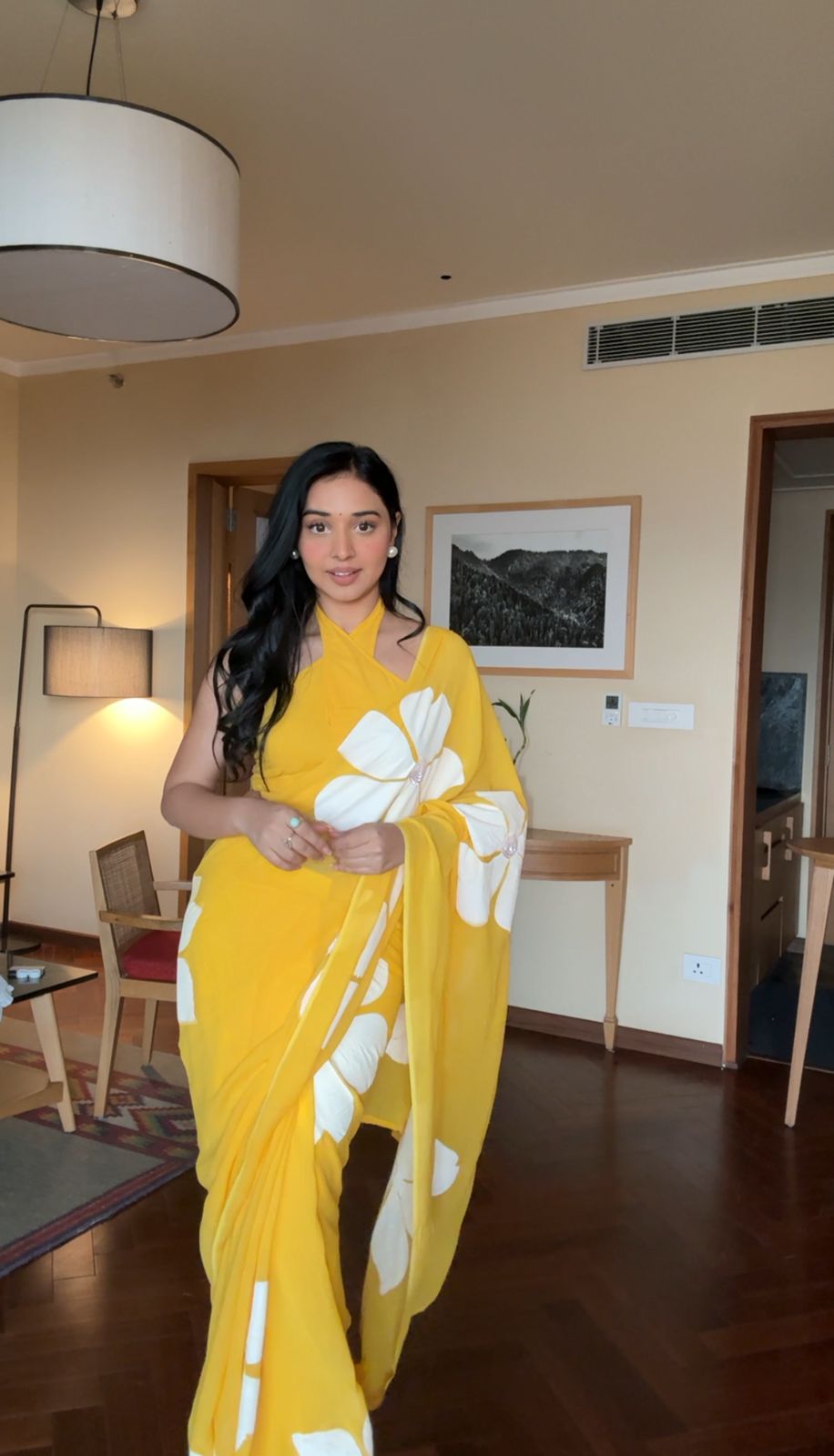 1-Minute Ready-To-Wear Yellow Georgette Saree | Printed Design with Blouse Piece
