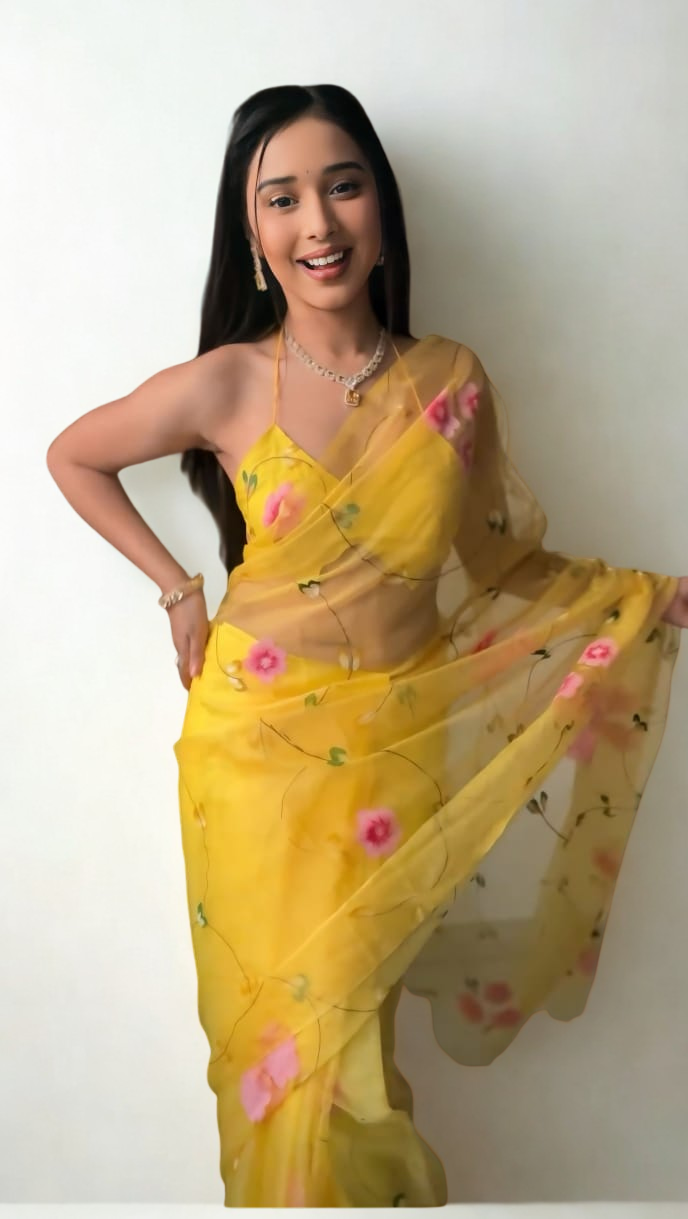 CLOVIRA Sunflower Yellow Pure Organza Ready-to-Wear Saree