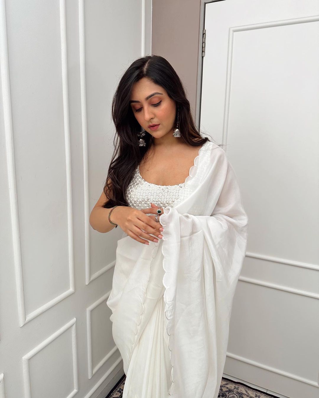 CLOVIRA White Rangoli Silk Ready-to-Wear Saree with Sequin Work Blouse | Effortless Luxury Collection