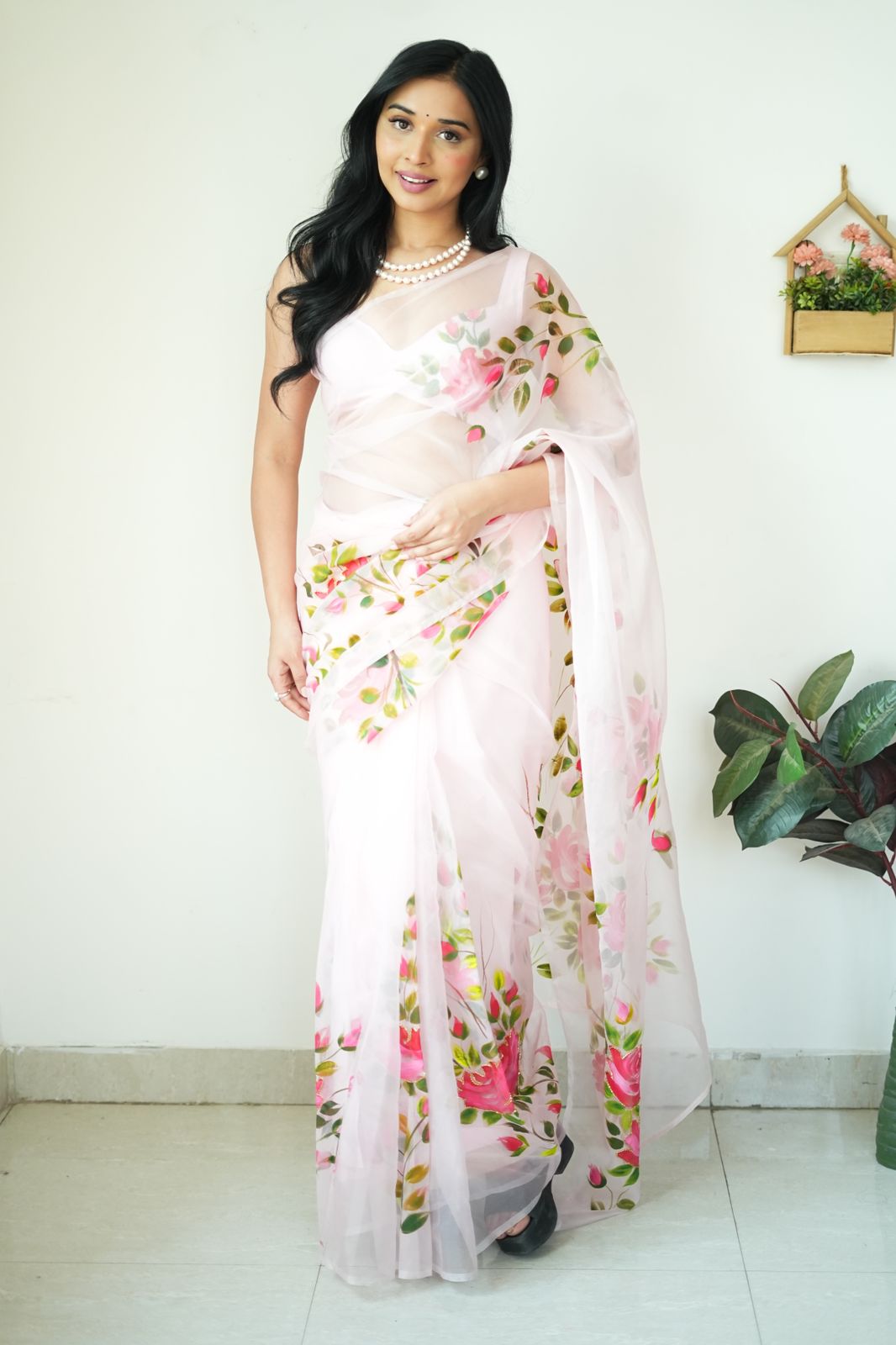 CLOVIRA Baby Pink Pure Organza Ready-to-Wear Saree