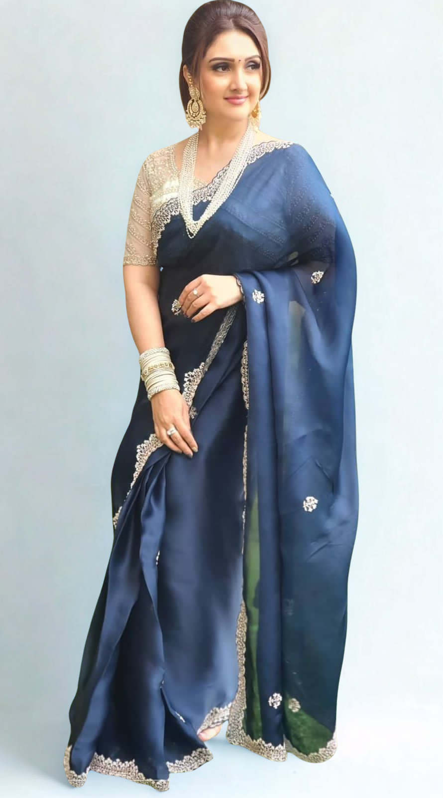 CLOVIRA Georgette Embroidered Saree in Royal Blue