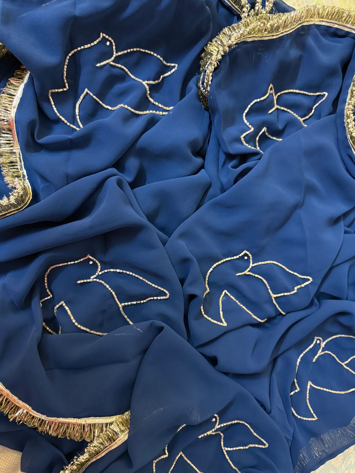 CLOVIRA Charming 1-Minute Ready-To-Wear Navy Blue Georgette Saree | Handwork & Lampi Lace Border with Stitched Blouse