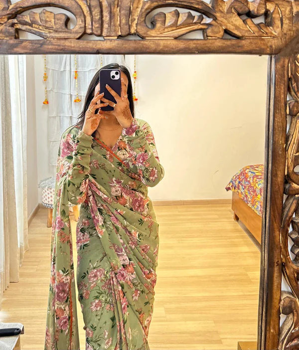 Classic Ready-To-Wear Georgette Saree | Printed Design with Blouse Piece