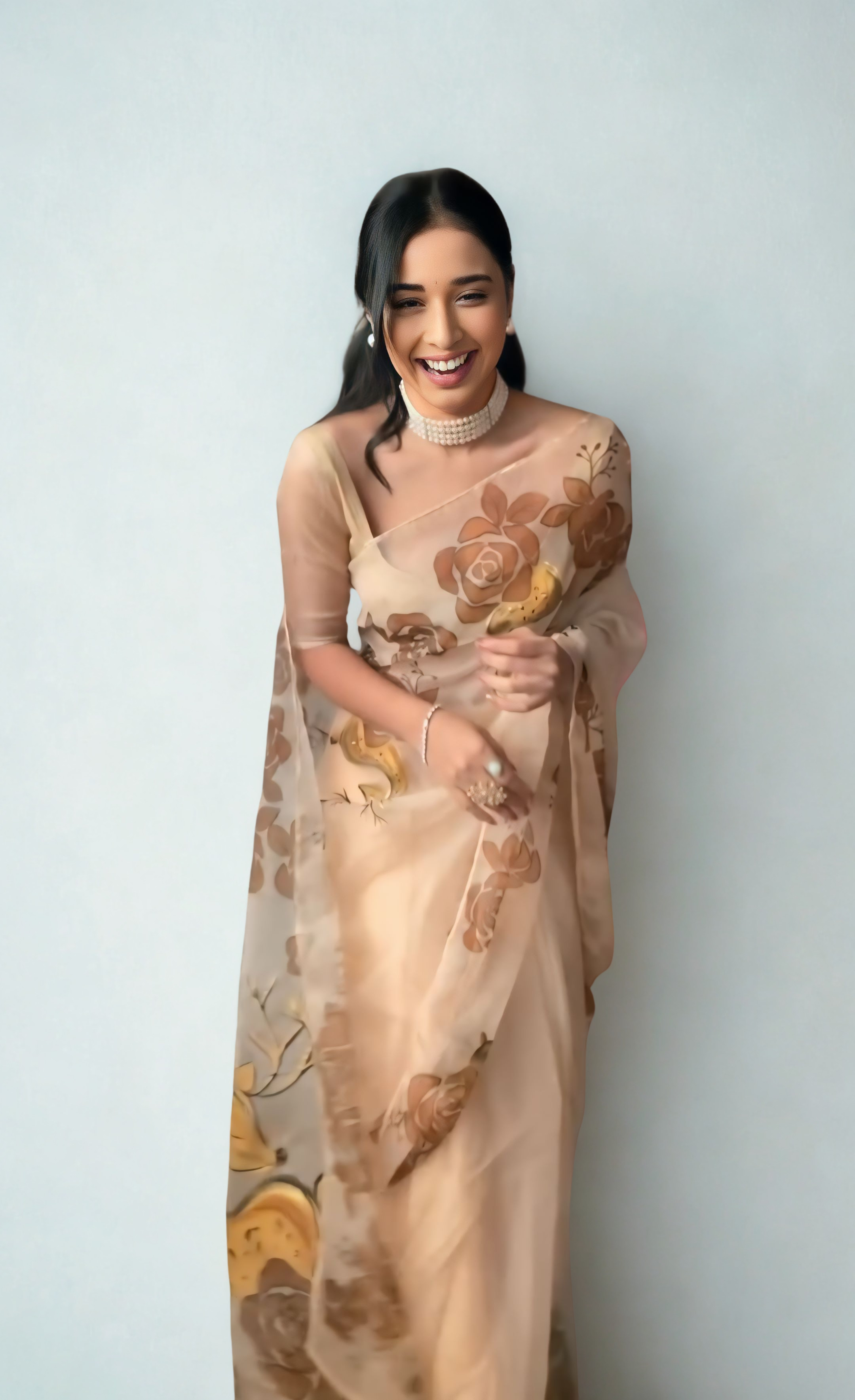CLOVIRA Beige Pure Organza Ready-to-Wear Saree
