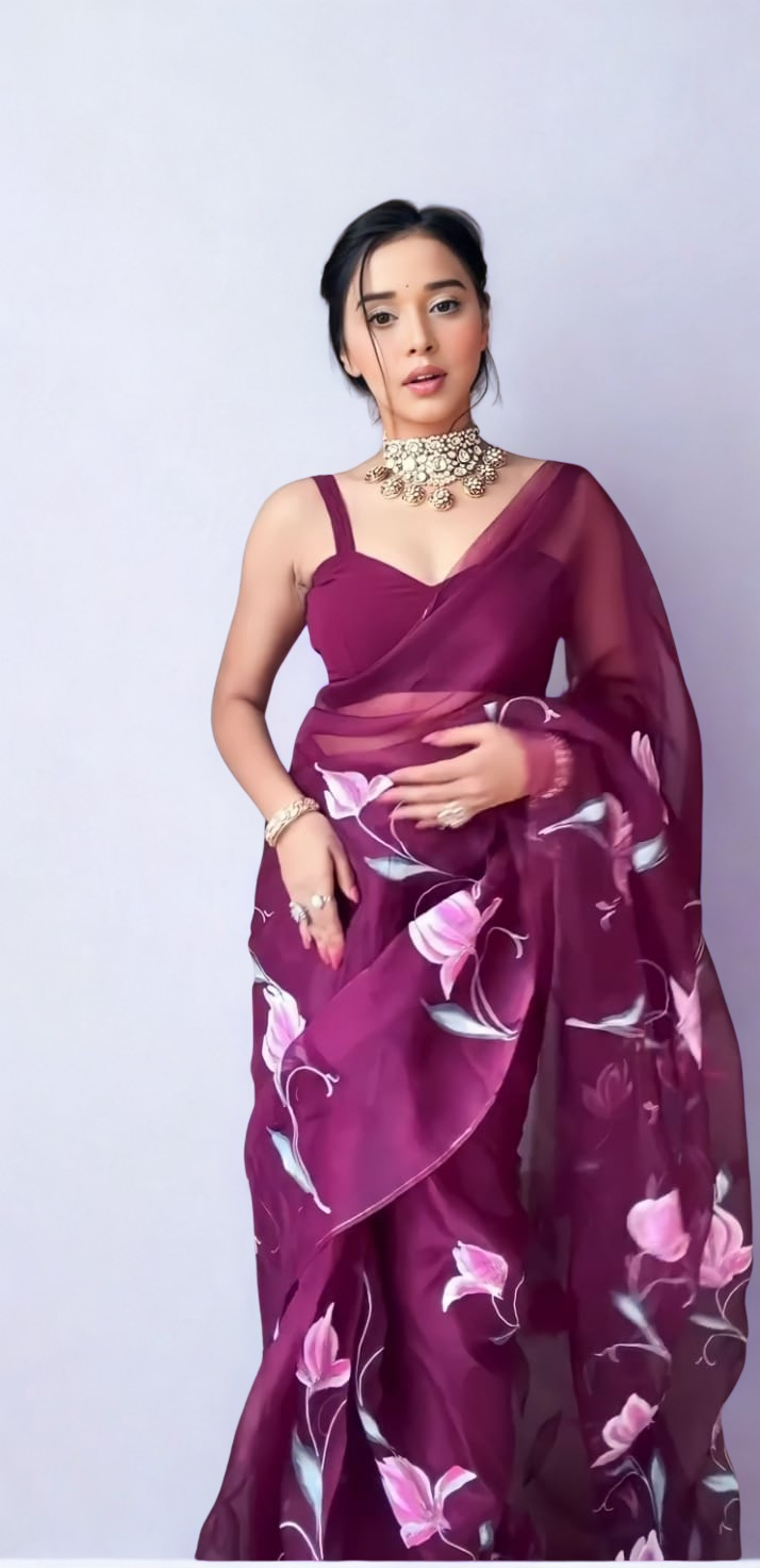 CLOVIRA Purple Pure Organza Ready-to-Wear Saree