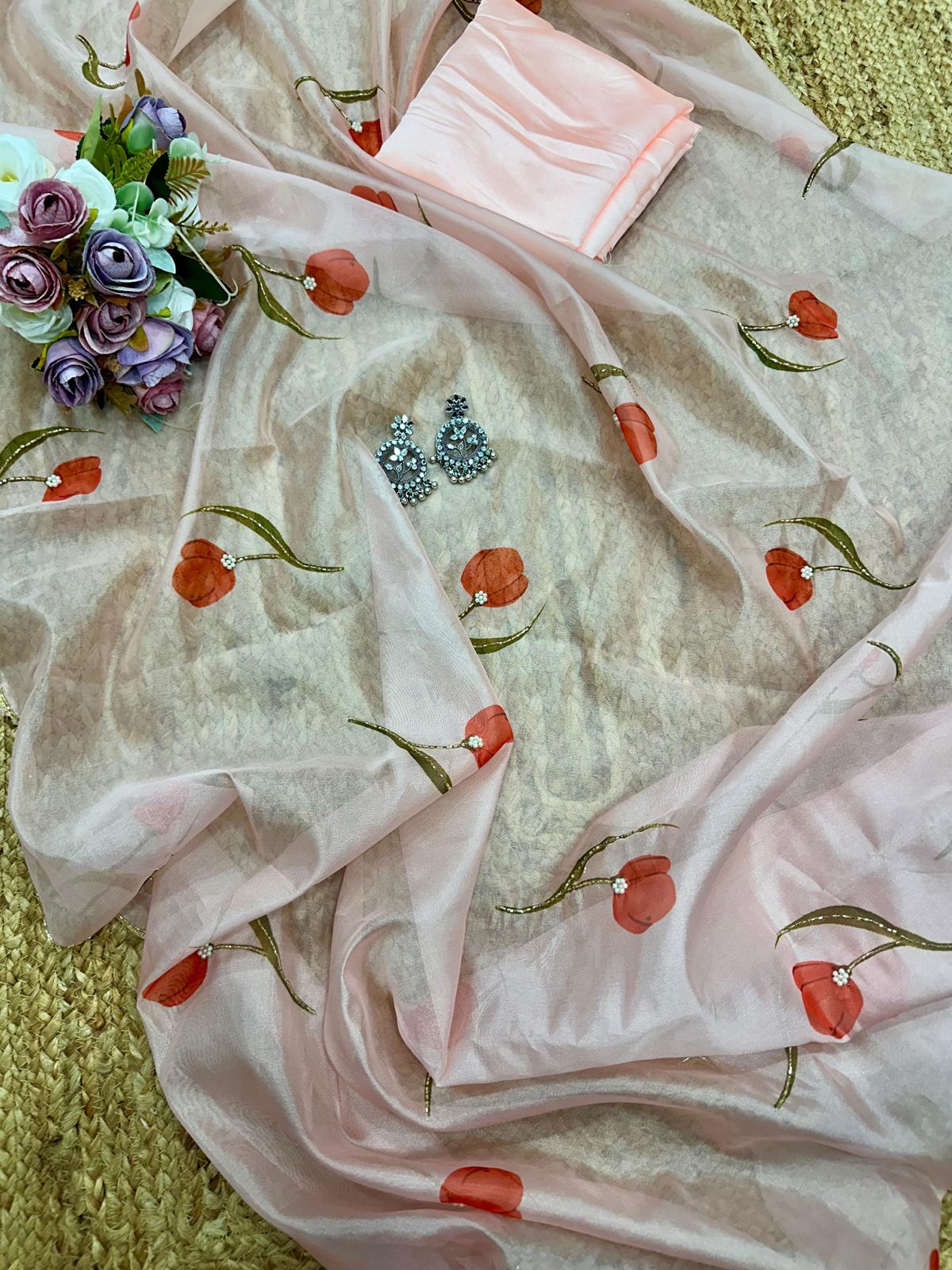 Exquisite 1-Minute Ready-To-Wear Peach Organza Silk Saree | Printed Design with Border Work & Blouse Piece