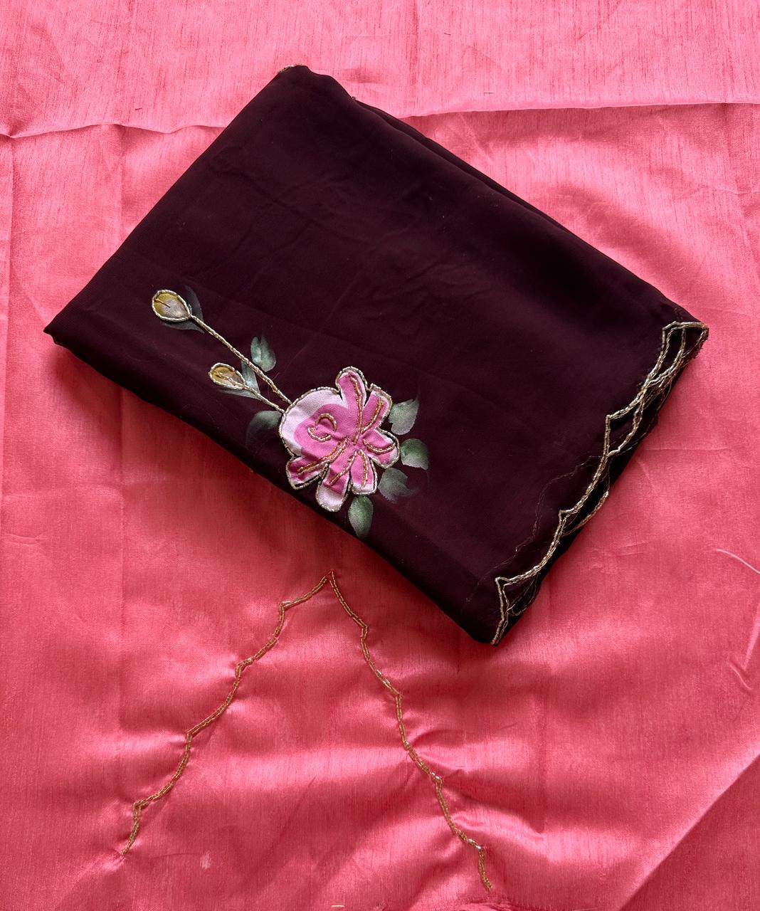 Soft Georgette Saree with Floral Hand Brush Print & Cut Dana Handwork