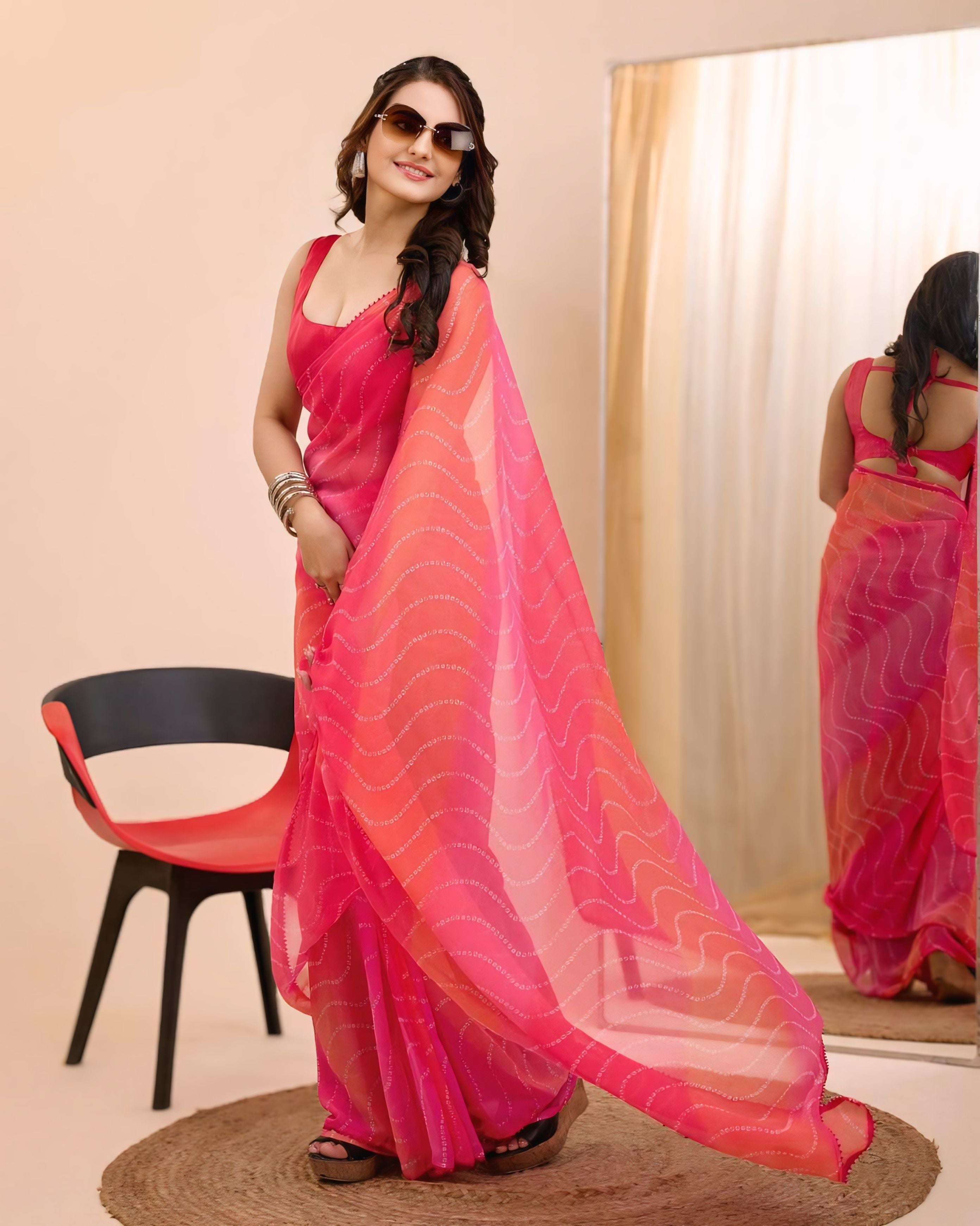Evocative 1-Minute Ready-To-Wear Pink Georgette Saree | Printed Design with Blouse Piece