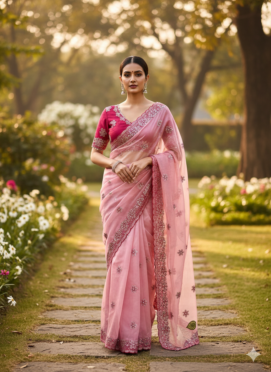 Traditional Soft Silk Saree | Multi Colour Embroidery, Zari Butta & Stone Work with Stitched Blouse