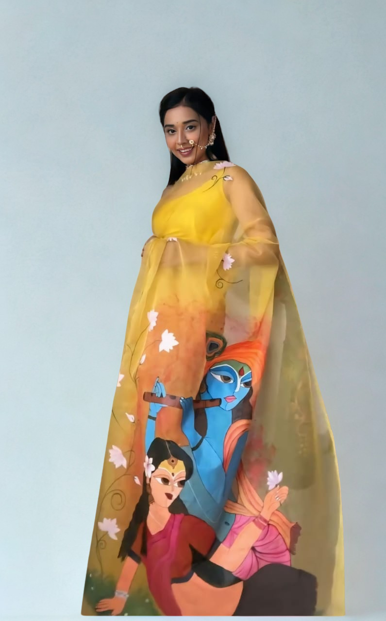 CLOVIRA Yellow Pure Organza Ready-to-Wear Saree