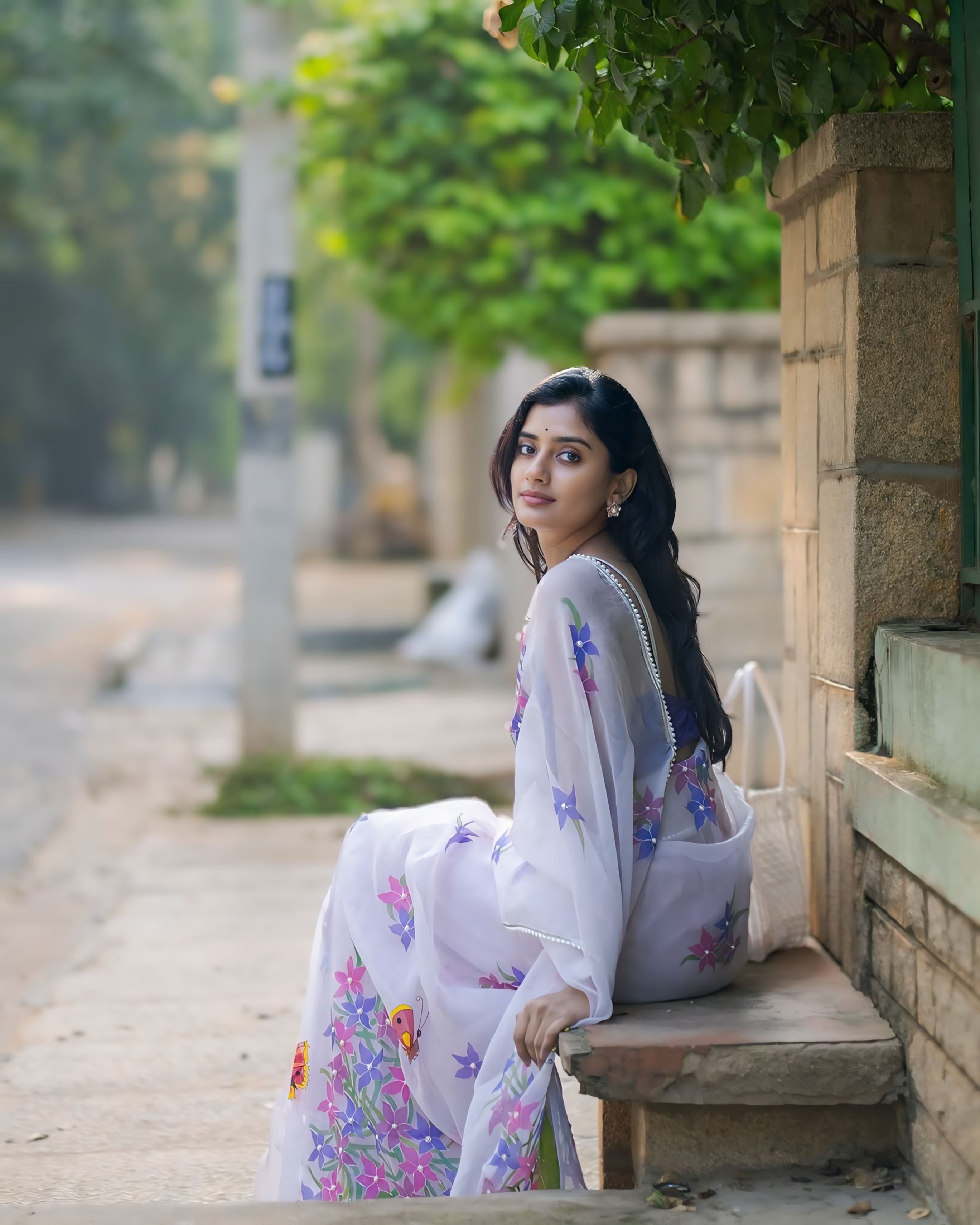 Chic 1-Minute Ready-To-Wear Off-White Organza Silk Saree | Printed + Handwork Lace Border with Banglori Silk Blouse Piece