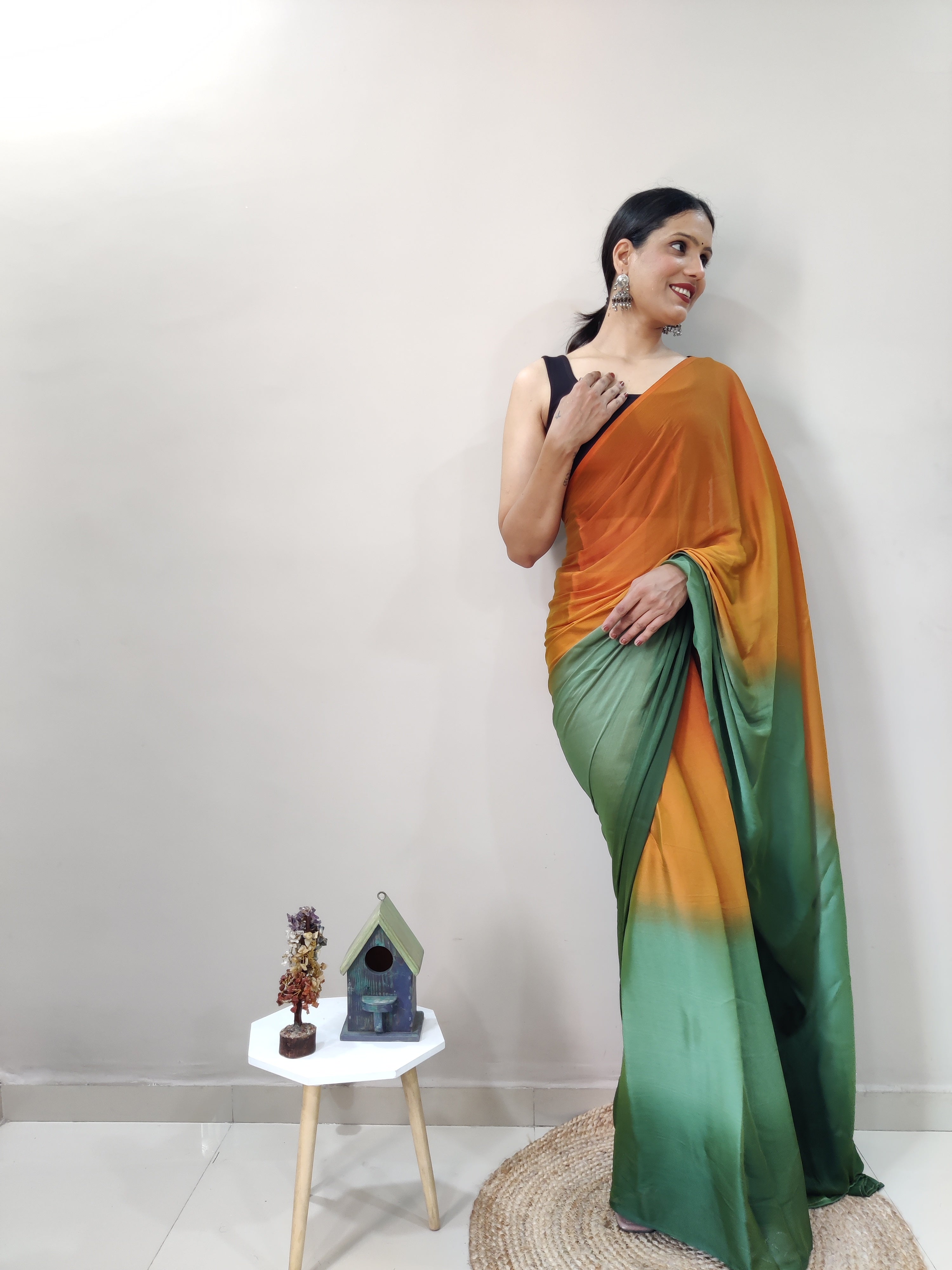 Magnificat 1-Minute Ready-To-Wear Multi-Colour Chiffon Silk Saree | Printed Design with Blouse Piece