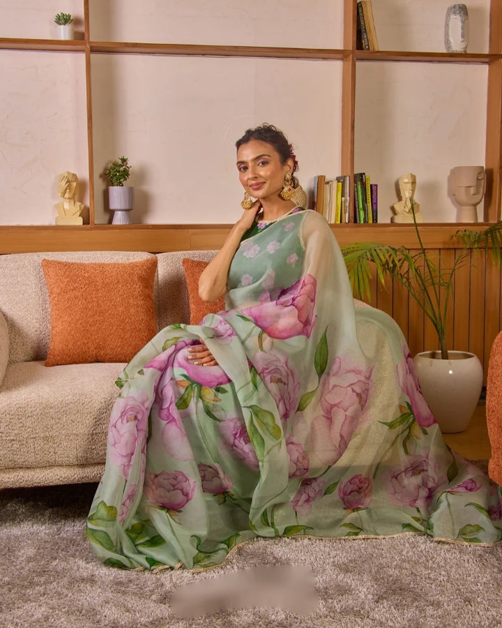 CLOVIRA Tabby Organza Ready-to-Wear Saree with Stitched Blouse | Elegant Designer Party Wear Collection