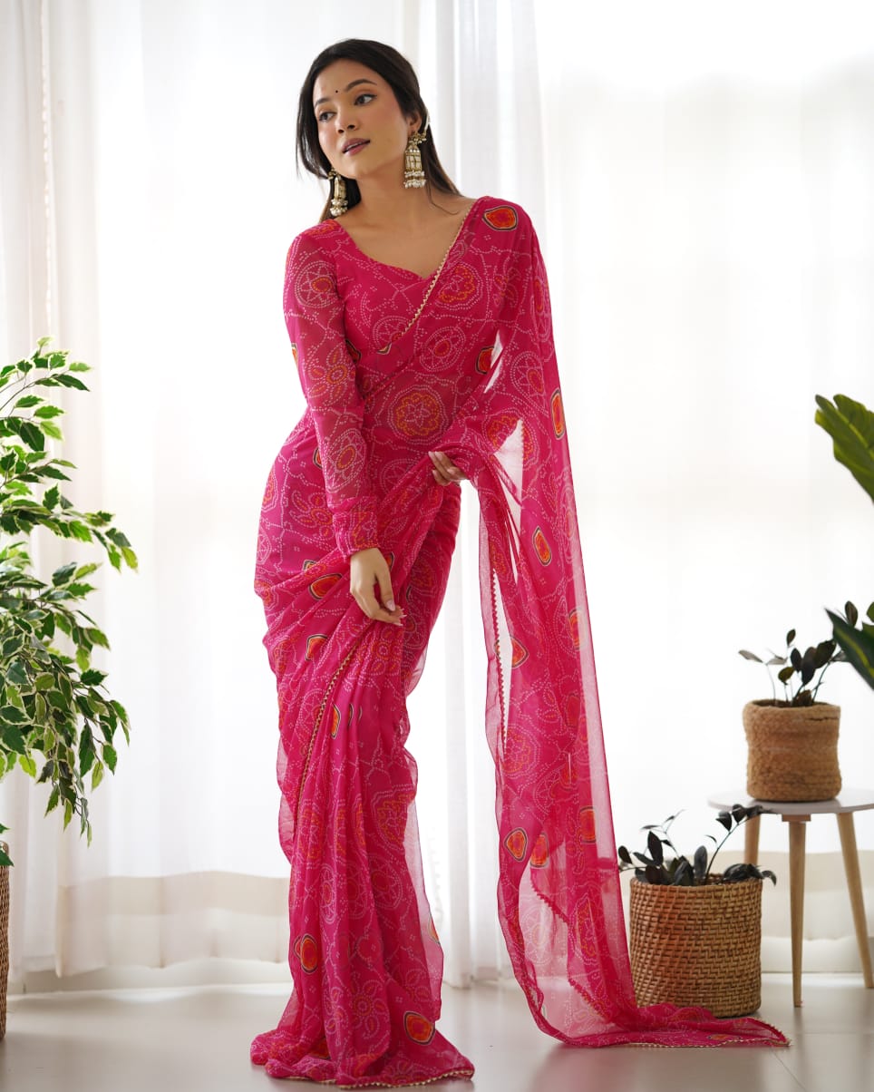 Invaluable 1-Minute Ready-To-Wear Dark Pink Georgette Saree | Digital Print Saree with Blouse Piece