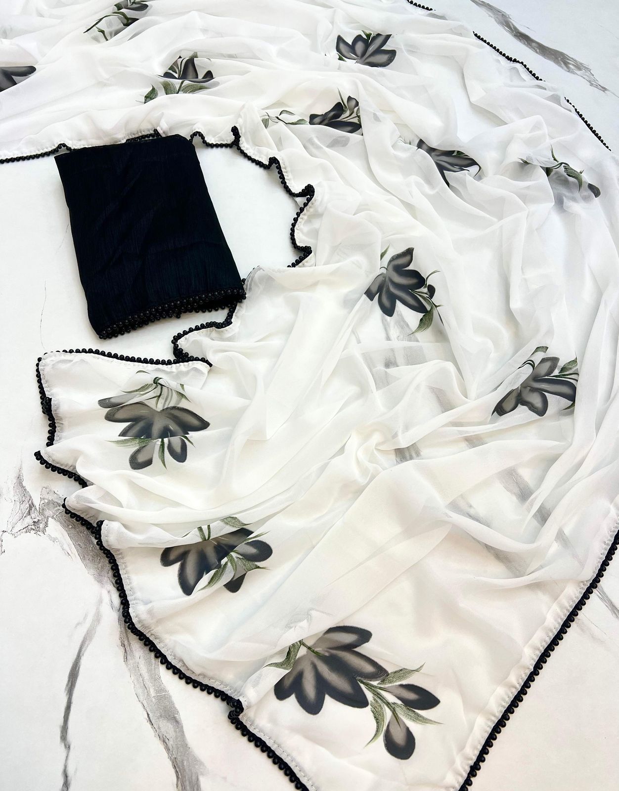 Georgette Floral Saree with Black Pearl Lace & Contrast Art Silk Blouse