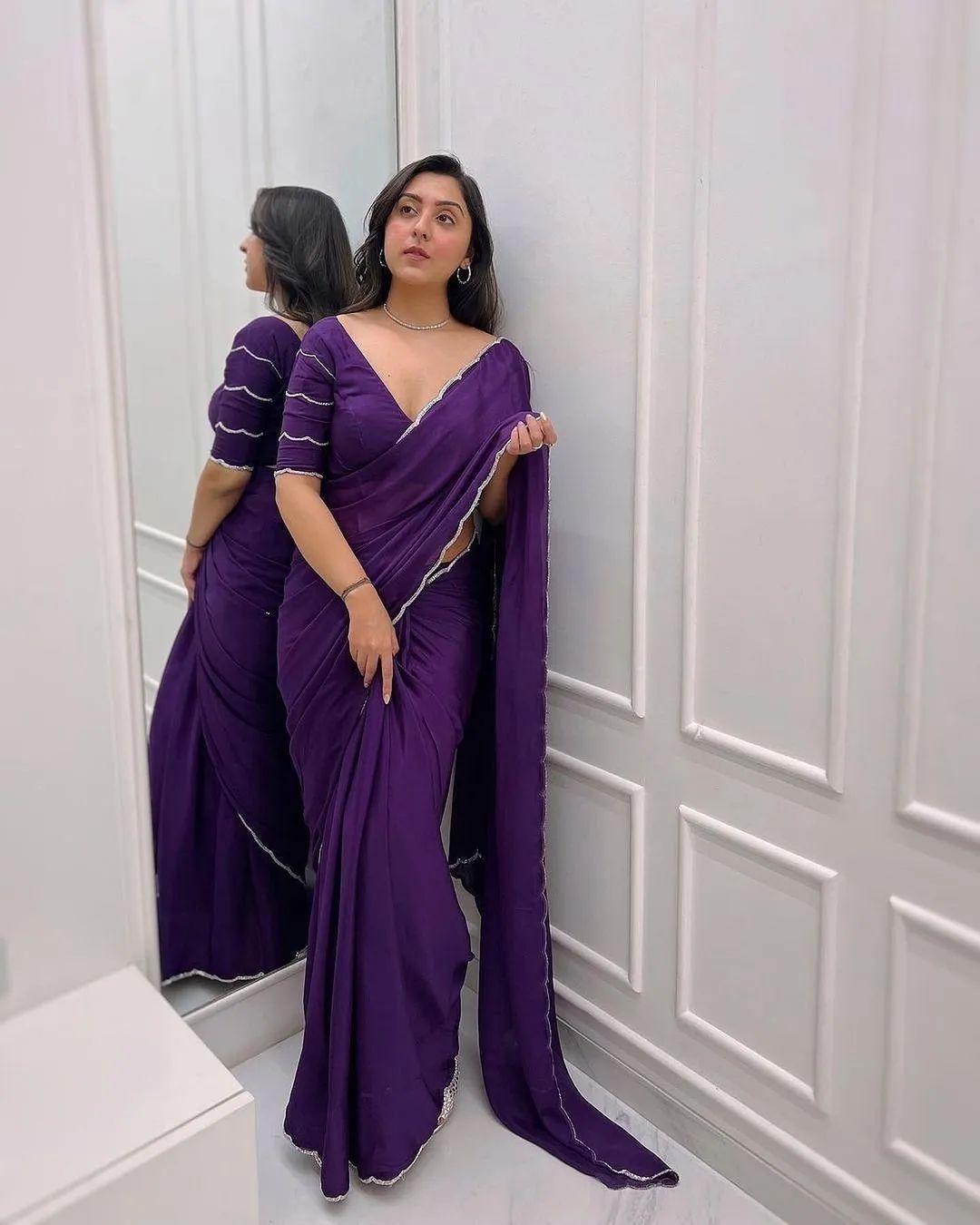 CLOVIRA Deep Violet Georgette Ready-to-Wear Saree with Stitched Violet Blouse | Elegant Designer Party Wear Collection