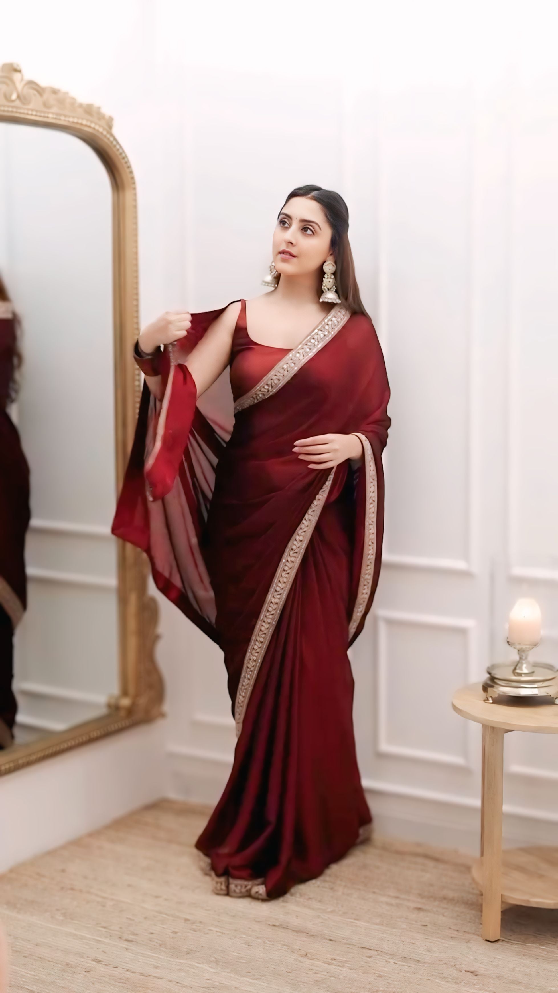 CLOVIRA Evocative 1-Minute Ready-To-Wear Maroon Rangoli Silk Saree | Embroidery Lace Border with Stitched Blouse