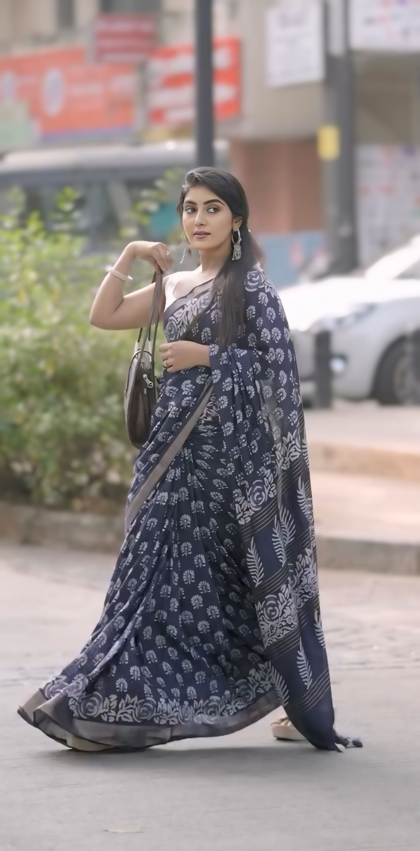 CLOVIRA Navy Blue Pure Soft Cotton Ready-to-Wear Saree
